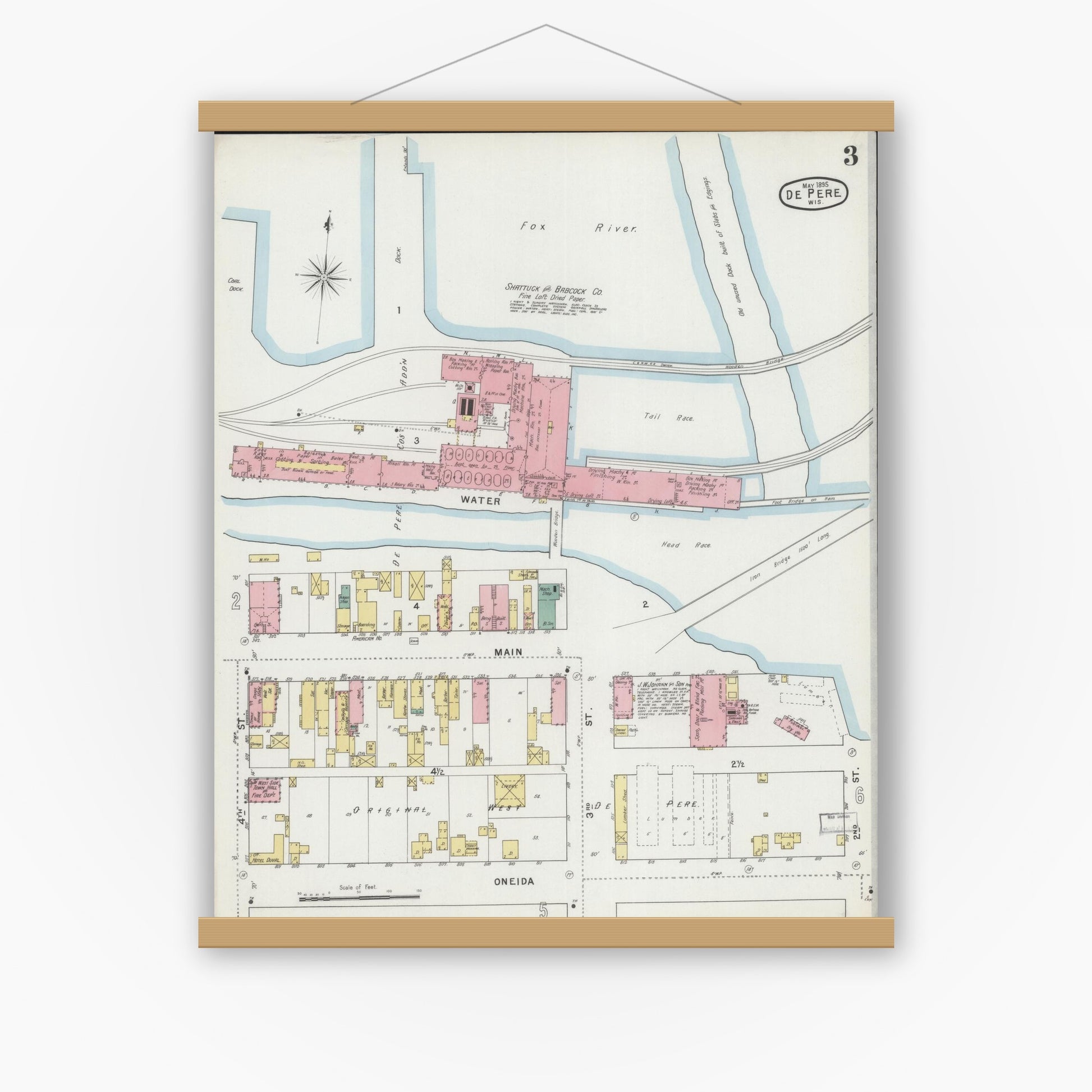 Old map wall art mockup — magnetic wood frame on white wall — Sanborn Fire Insurance Map from De Pere, Brown County, Wisconsin (1895), Sheet #0003