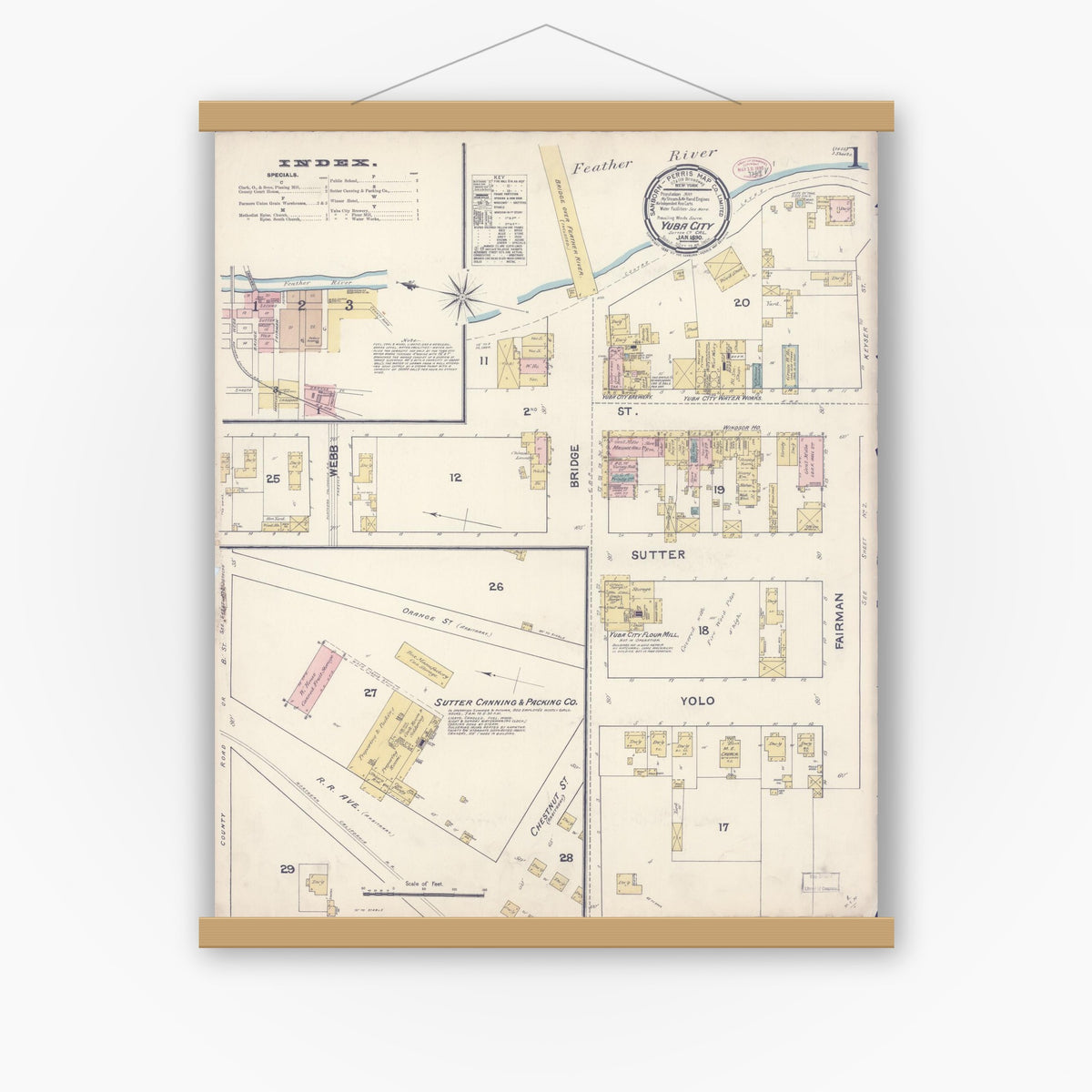 Old map wall art mockup — magnetic wood frame on white wall — Sanborn Fire Insurance Map from Yuba City, Sutter County, California (1890) - Complete Map Set