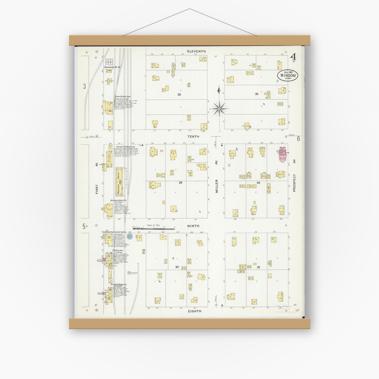 Old map wall art mockup — magnetic wood frame on white wall — Sanborn Fire Insurance Map from Windom, Cottonwood County, Minnesota (1907), Sheet #0004