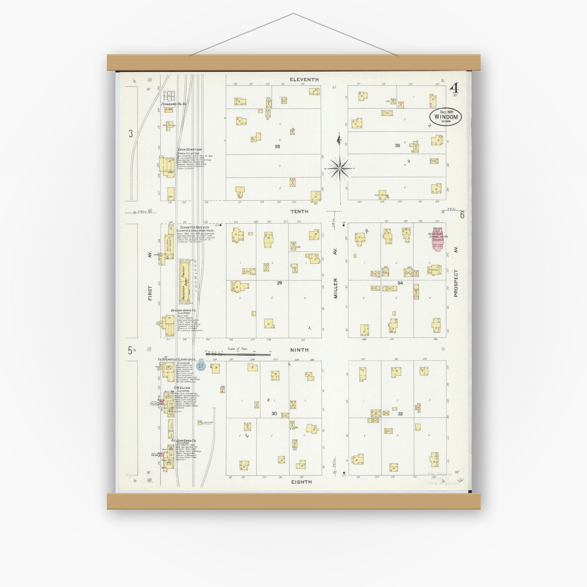 Old map wall art mockup — magnetic wood frame on white wall — Sanborn Fire Insurance Map from Windom, Cottonwood County, Minnesota (1907), Sheet #0004
