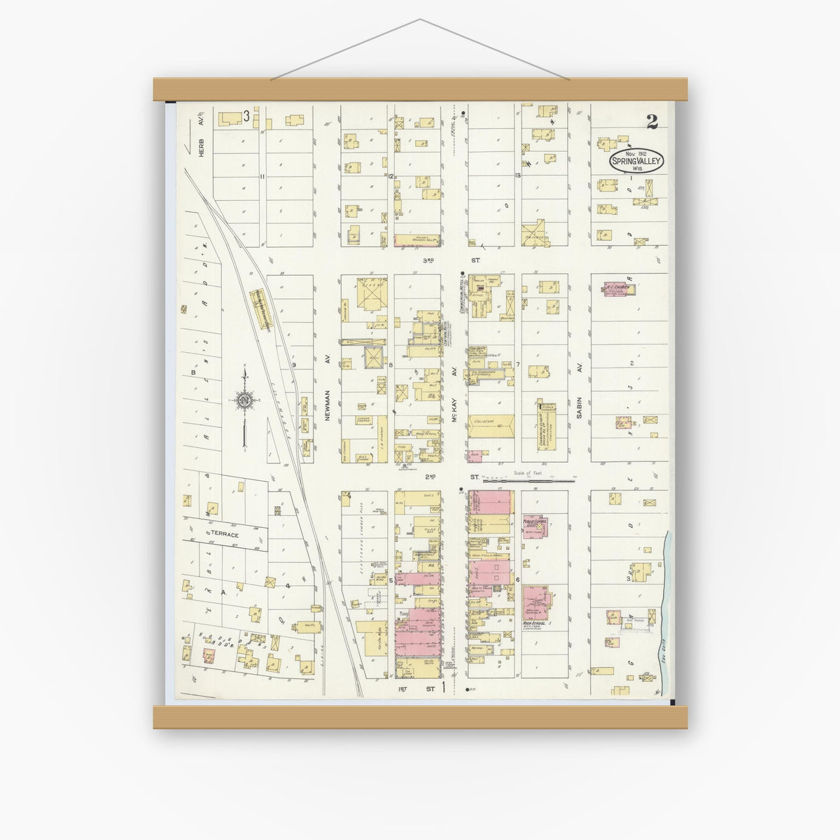 Old map wall art mockup — magnetic wood frame on white wall — Sanborn Fire Insurance Map from Spring Valley, Pierce County, Wisconsin (1912), Sheet #0002