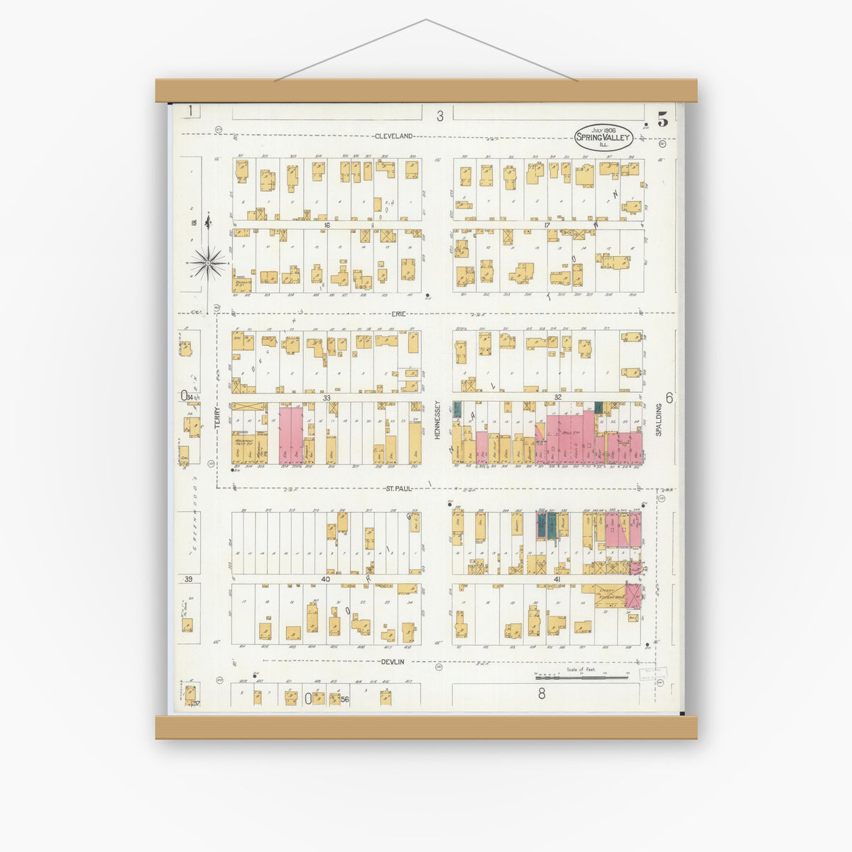Old map wall art mockup — magnetic wood frame on white wall — Sanborn Fire Insurance Map from Spring Valley, Bureau County, Illinois (1906), Sheet #0005
