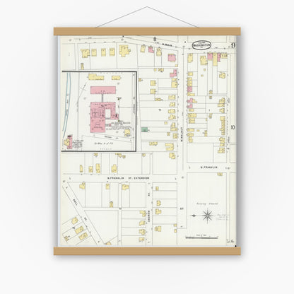 Old map wall art mockup — magnetic wood frame on white wall — Sanborn Fire Insurance Map from Washington, Washington County, Pennsylvania (1896), Sheet #0009