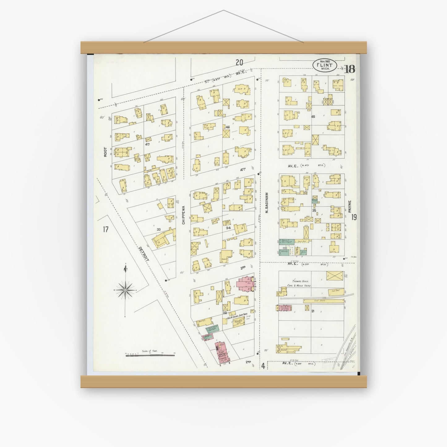 Old map wall art mockup — magnetic wood frame on white wall — Sanborn Fire Insurance Map from Flint, Genesee County, Michigan (1902), Sheet #0018