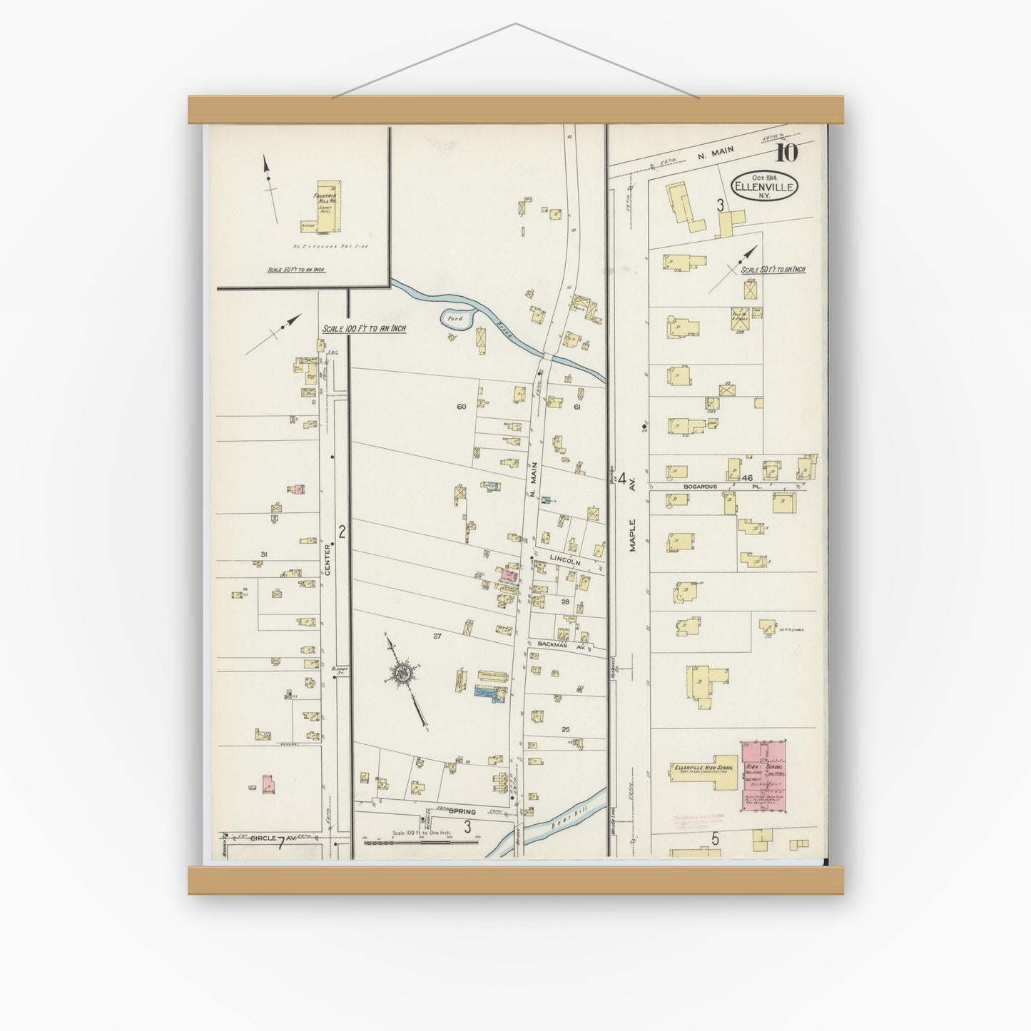 Old map wall art mockup — magnetic wood frame on white wall — Sanborn Fire Insurance Map from Ellenville, Ulster County, New York (1914), Sheet #0010