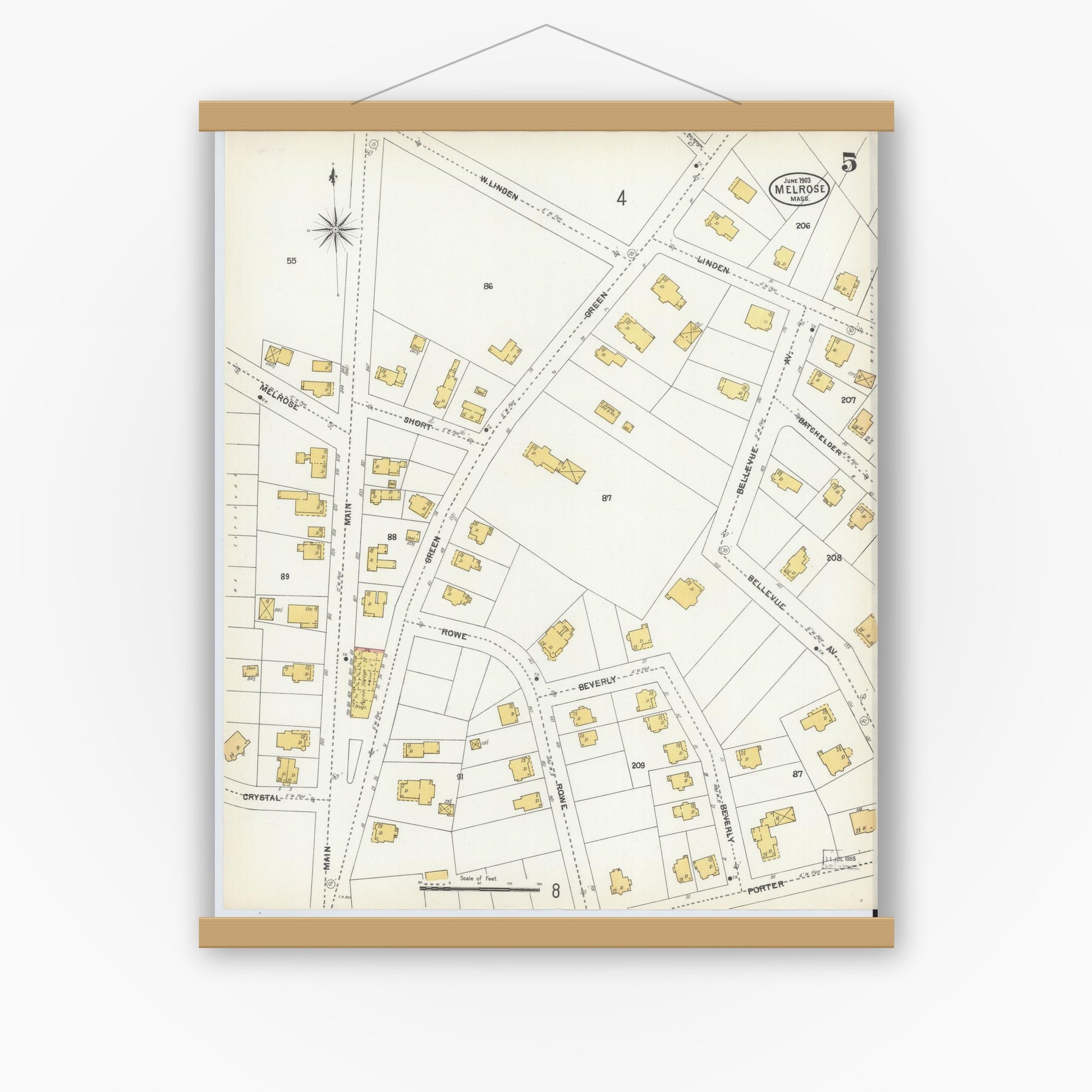 Old map wall art mockup — magnetic wood frame on white wall — Sanborn Fire Insurance Map from Melrose, Middlesex County, Massachusetts (1903), Sheet #0005