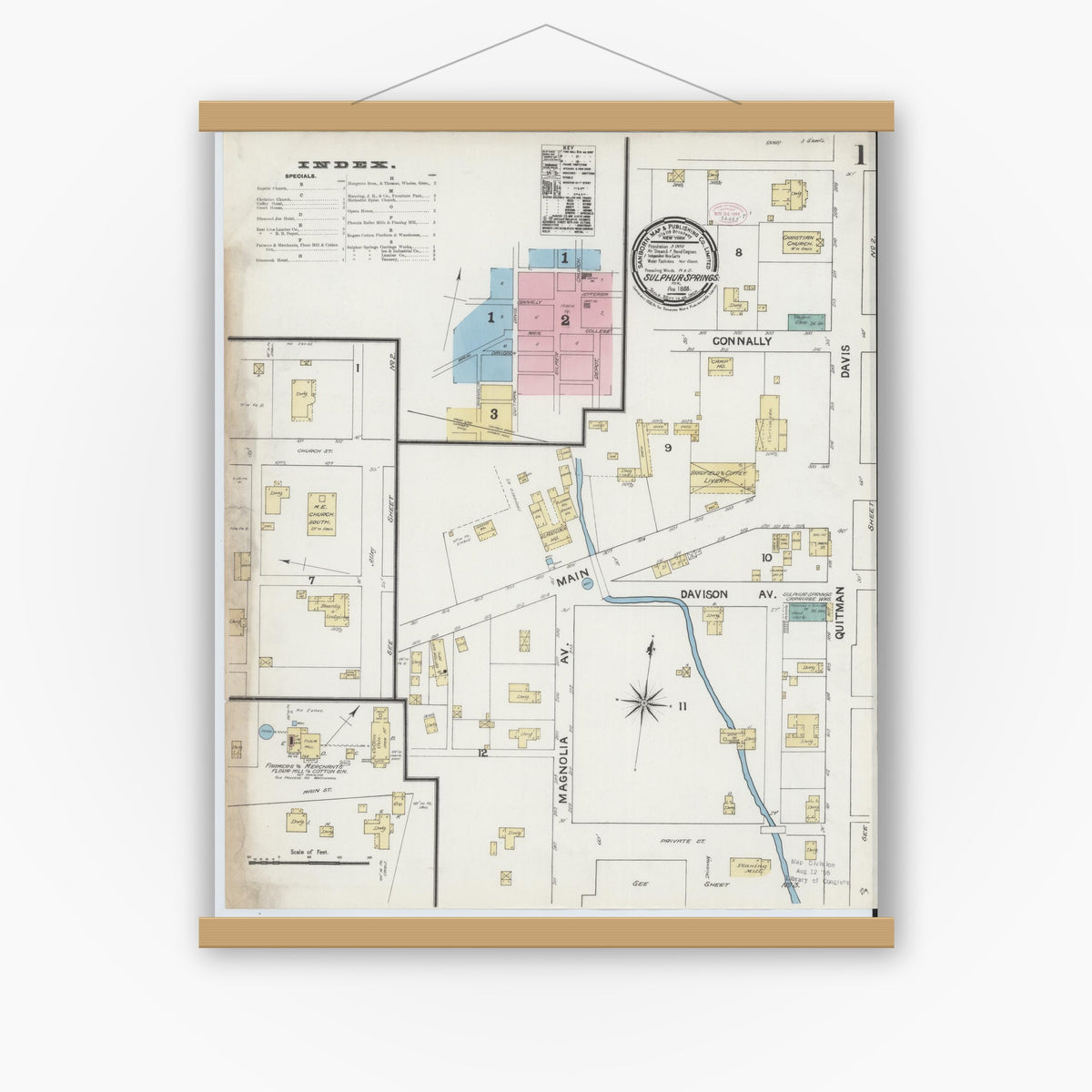 Old map wall art mockup — magnetic wood frame on white wall — Sanborn Fire Insurance Map from Sulphur Springs, Hopkins County, Texas (1888), Sheet #0001