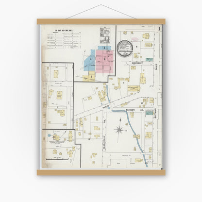 Old map wall art mockup — magnetic wood frame on white wall — Sanborn Fire Insurance Map from Sulphur Springs, Hopkins County, Texas (1888), Sheet #0001