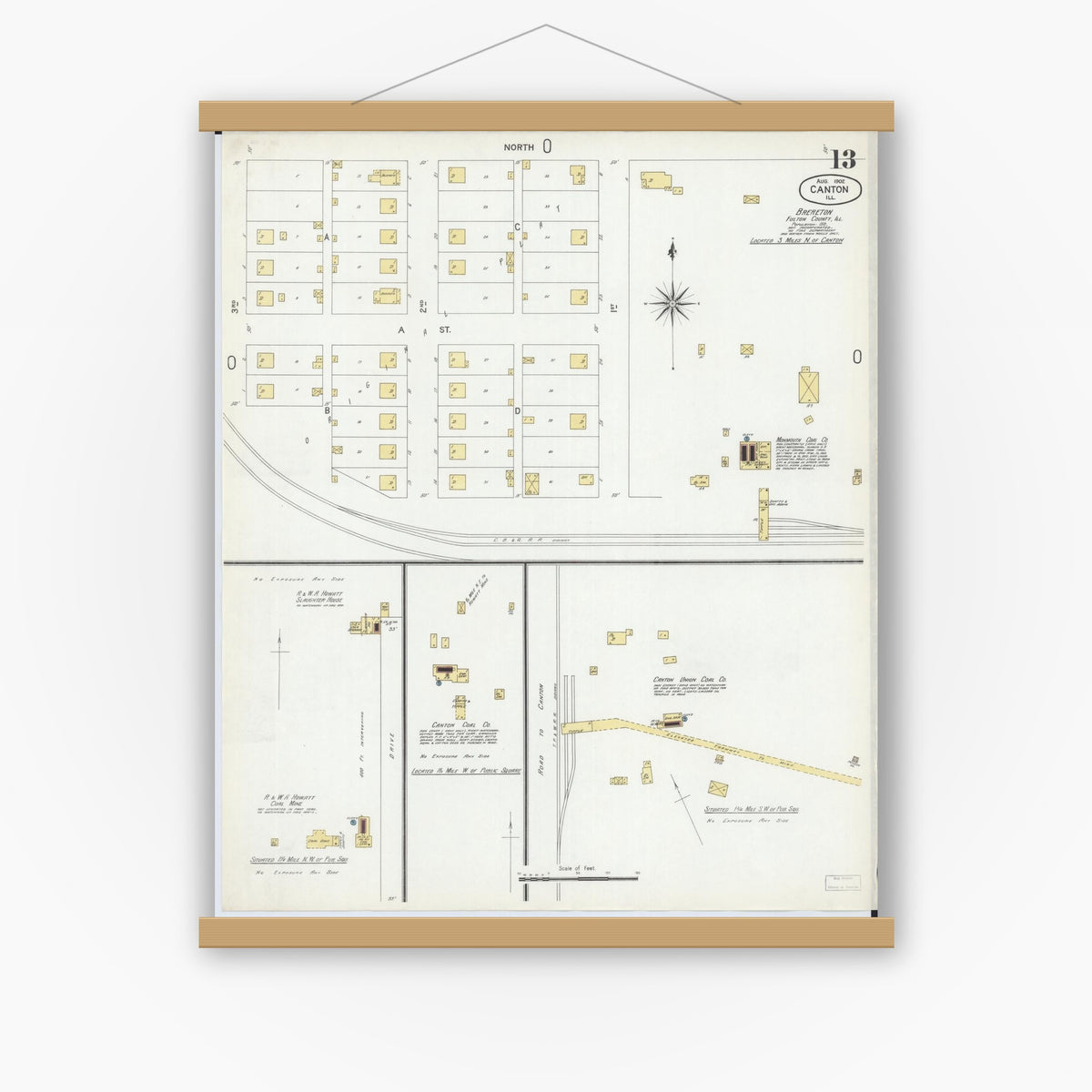 Old map wall art mockup — magnetic wood frame on white wall — Sanborn Fire Insurance Map from Canton, Fulton County, Illinois (1902), Sheet #0013