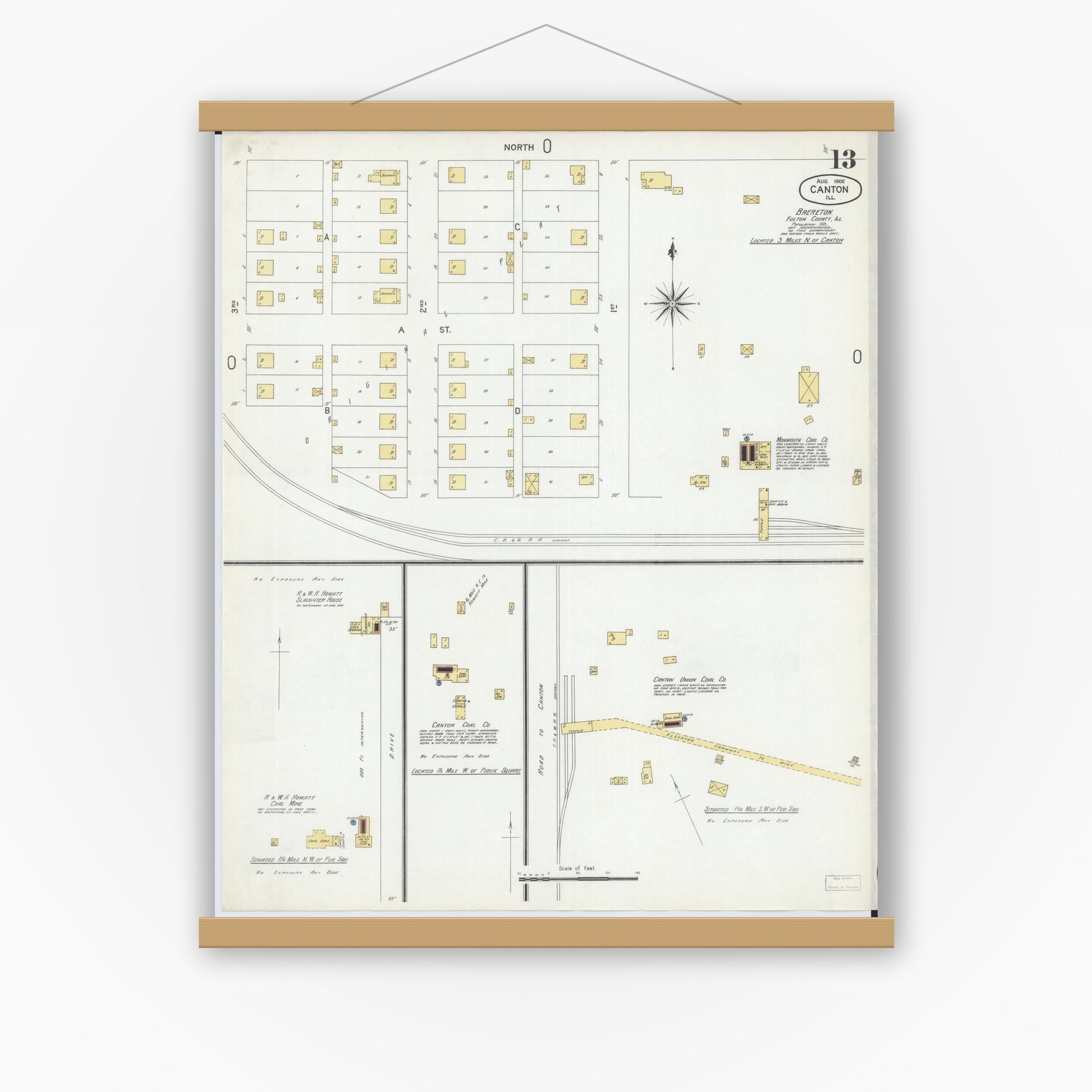 Old map wall art mockup — magnetic wood frame on white wall — Sanborn Fire Insurance Map from Canton, Fulton County, Illinois (1902), Sheet #0013