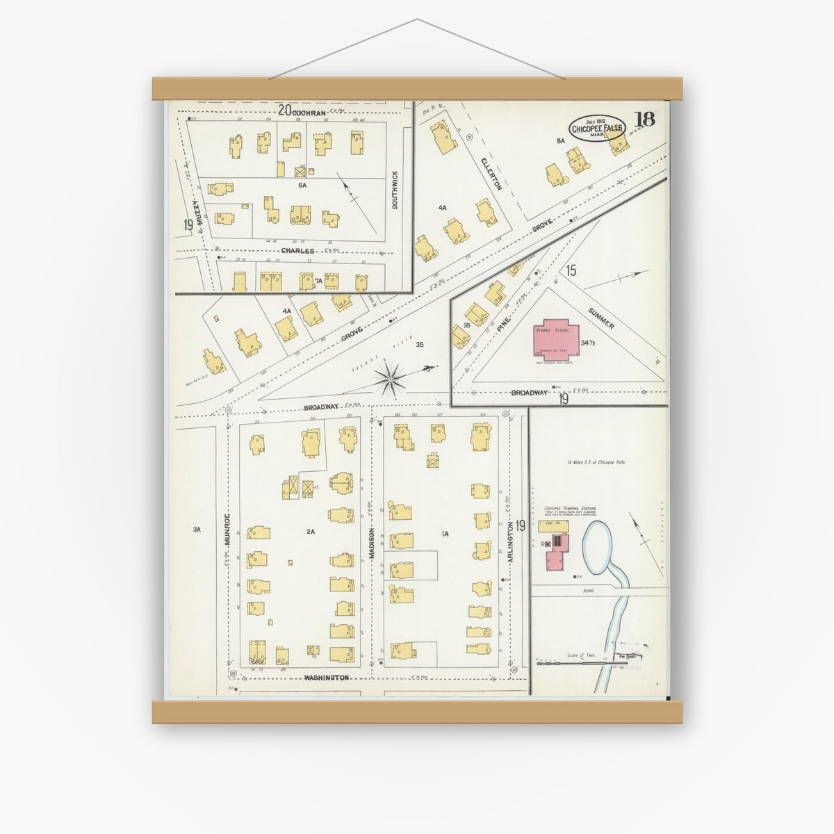 Old map wall art mockup — magnetic wood frame on white wall — Sanborn Fire Insurance Map from Chicopee, Hampden County, Massachusetts (1902), Sheet #0018