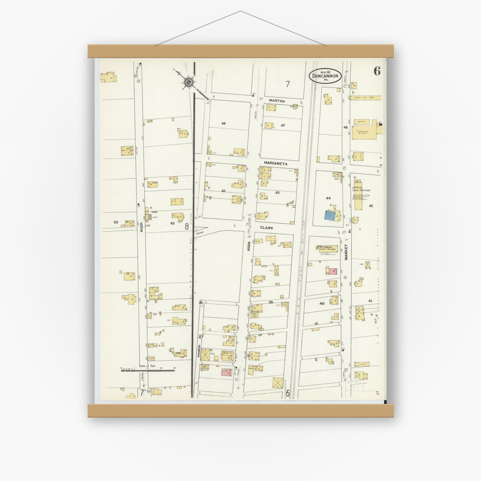 Old map wall art mockup — magnetic wood frame on white wall — Sanborn Fire Insurance Map from Duncannon, Perry County, Pennsylvania (1911), Sheet #0006