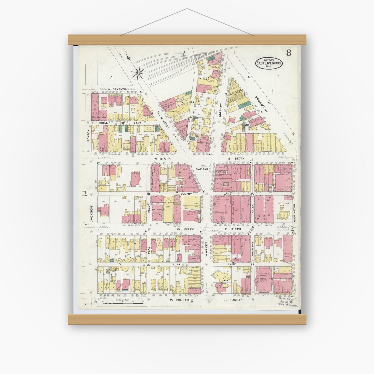 Old map wall art mockup — magnetic wood frame on white wall — Sanborn Fire Insurance Map from East Liverpool, Columbiana County, Ohio (1908), Sheet #0008