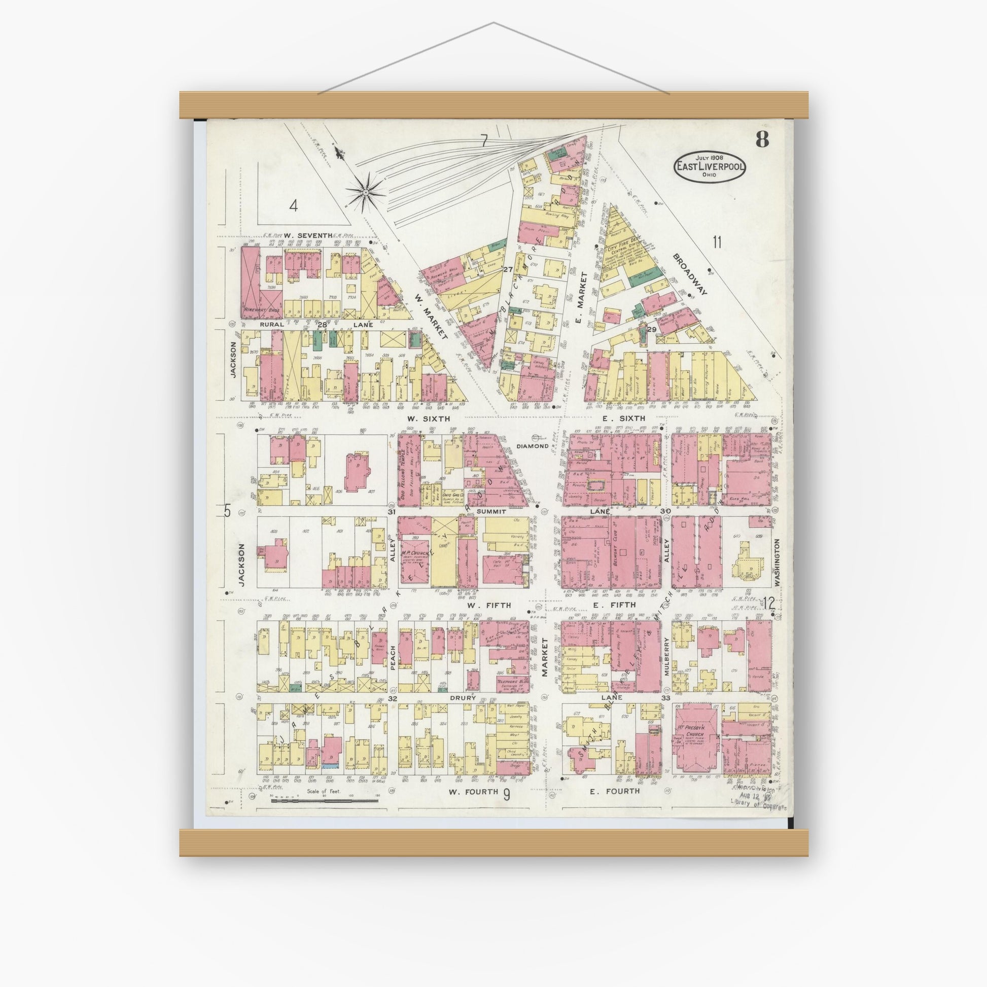Old map wall art mockup — magnetic wood frame on white wall — Sanborn Fire Insurance Map from East Liverpool, Columbiana County, Ohio (1908), Sheet #0008
