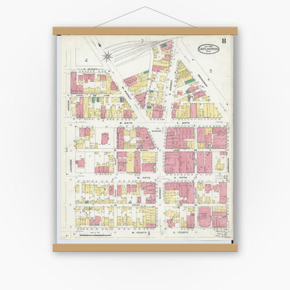 Old map wall art mockup — magnetic wood frame on white wall — Sanborn Fire Insurance Map from East Liverpool, Columbiana County, Ohio (1908), Sheet #0008