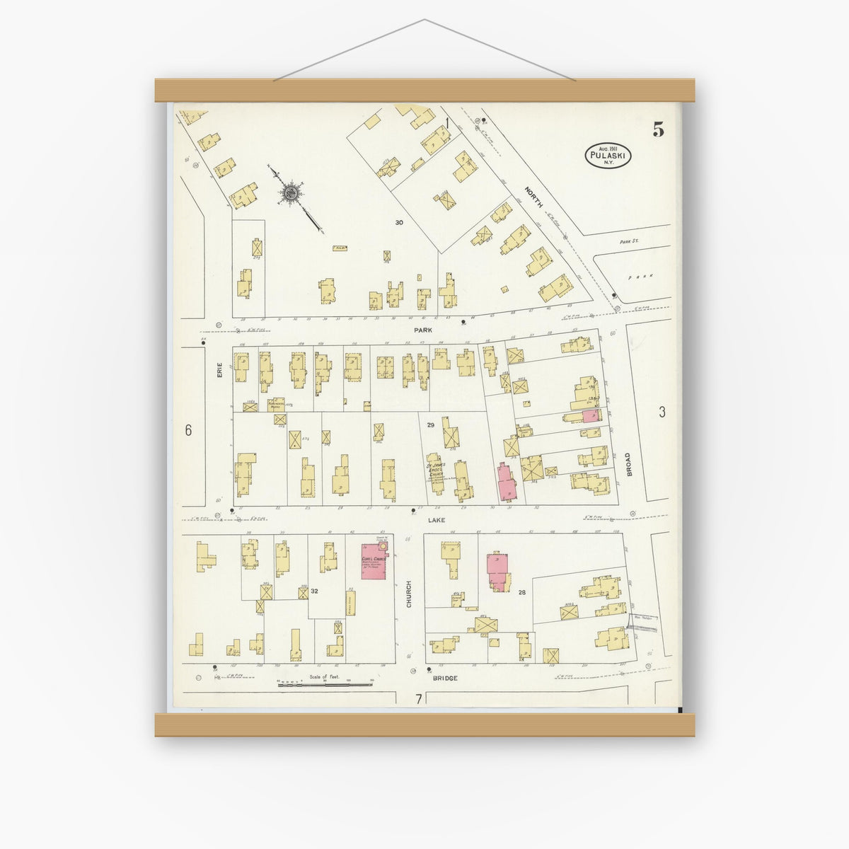 Old map wall art mockup — magnetic wood frame on white wall — Sanborn Fire Insurance Map from Pulaski, Oswego County, New York (1911), Sheet #0005