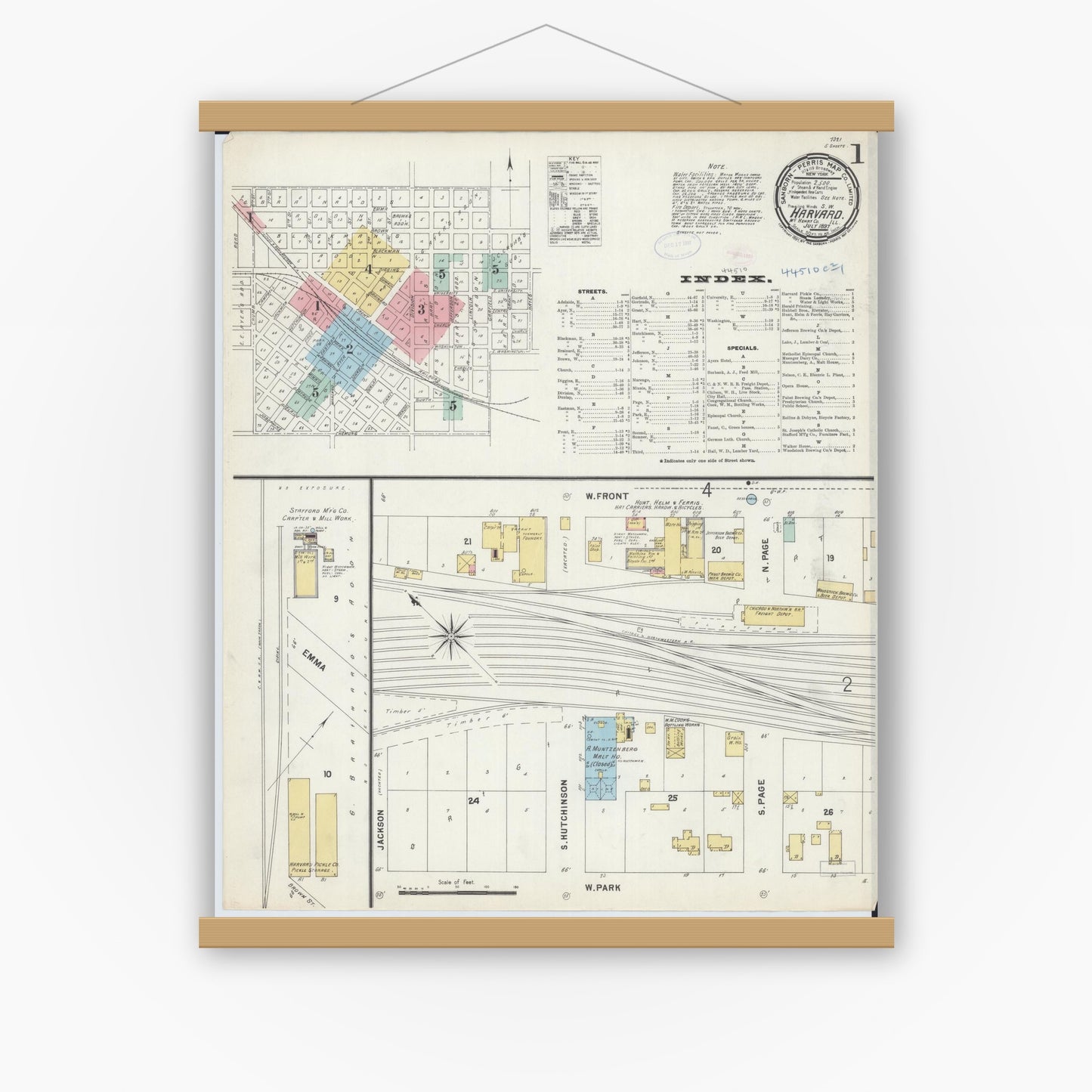 Old map wall art mockup — magnetic wood frame on white wall — Sanborn Fire Insurance Map from Harvard, McHenry County, Illinois (1897), Sheet #0001