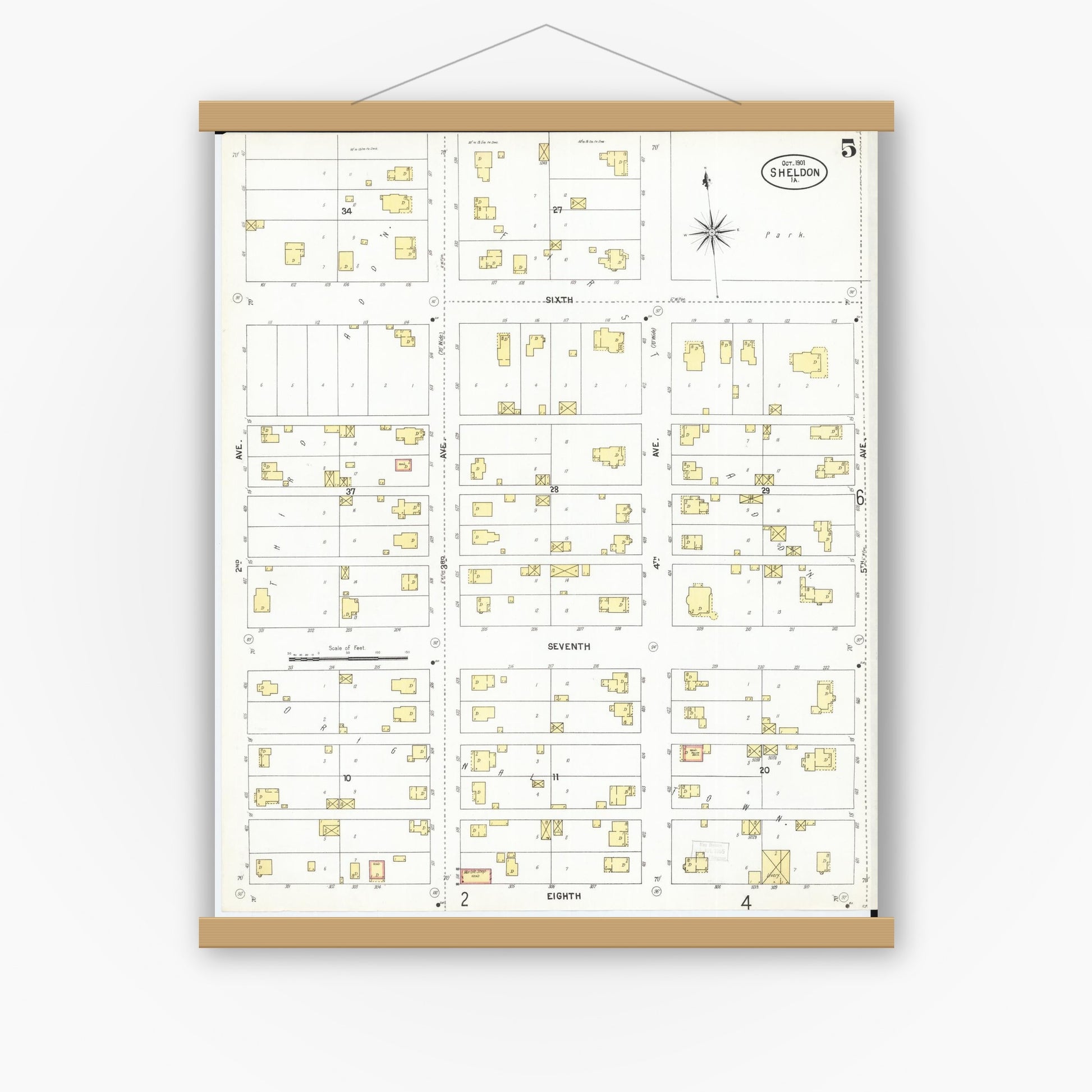 Old map wall art mockup — magnetic wood frame on white wall — Sanborn Fire Insurance Map from Sheldon, O'Brien County, Iowa (1901), Sheet #0005