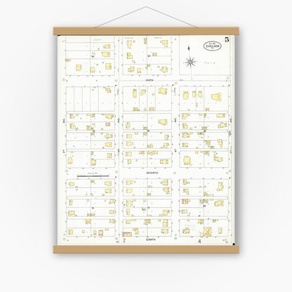 Old map wall art mockup — magnetic wood frame on white wall — Sanborn Fire Insurance Map from Sheldon, O'Brien County, Iowa (1901), Sheet #0005
