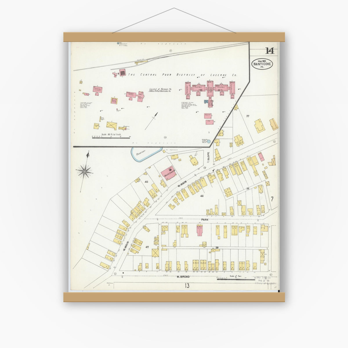 Old map wall art mockup — magnetic wood frame on white wall — Sanborn Fire Insurance Map from Nanticoke, Luzerne County, Pennsylvania (1903), Sheet #0014