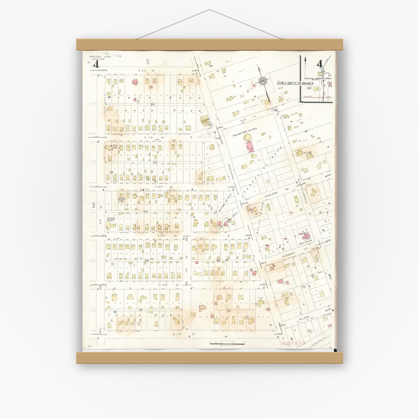 Old map wall art mockup — magnetic wood frame on white wall — Sanborn Fire Insurance Map from Sheldon, O'Brien County, Iowa (1948), Sheet #0004