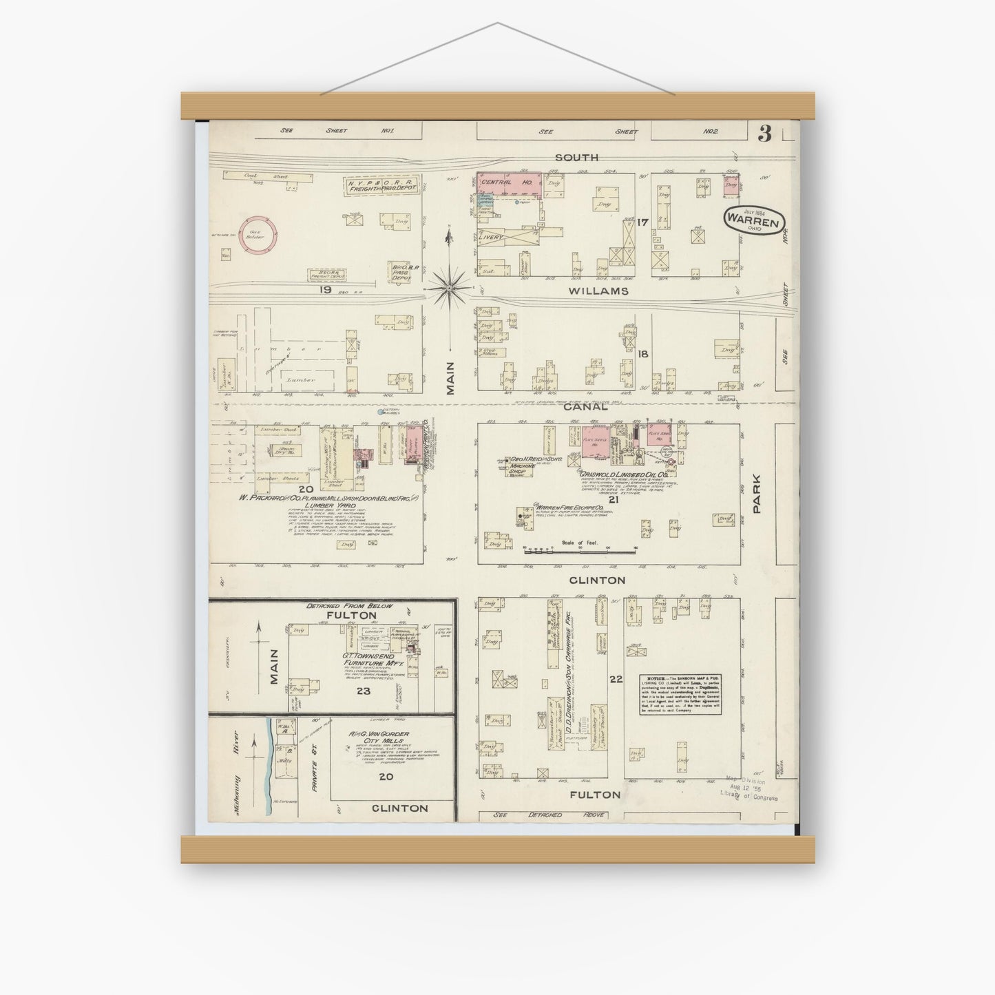 Old map wall art mockup — magnetic wood frame on white wall — Sanborn Fire Insurance Map from Warren, Trumbull County, Ohio (1884), Sheet #0003