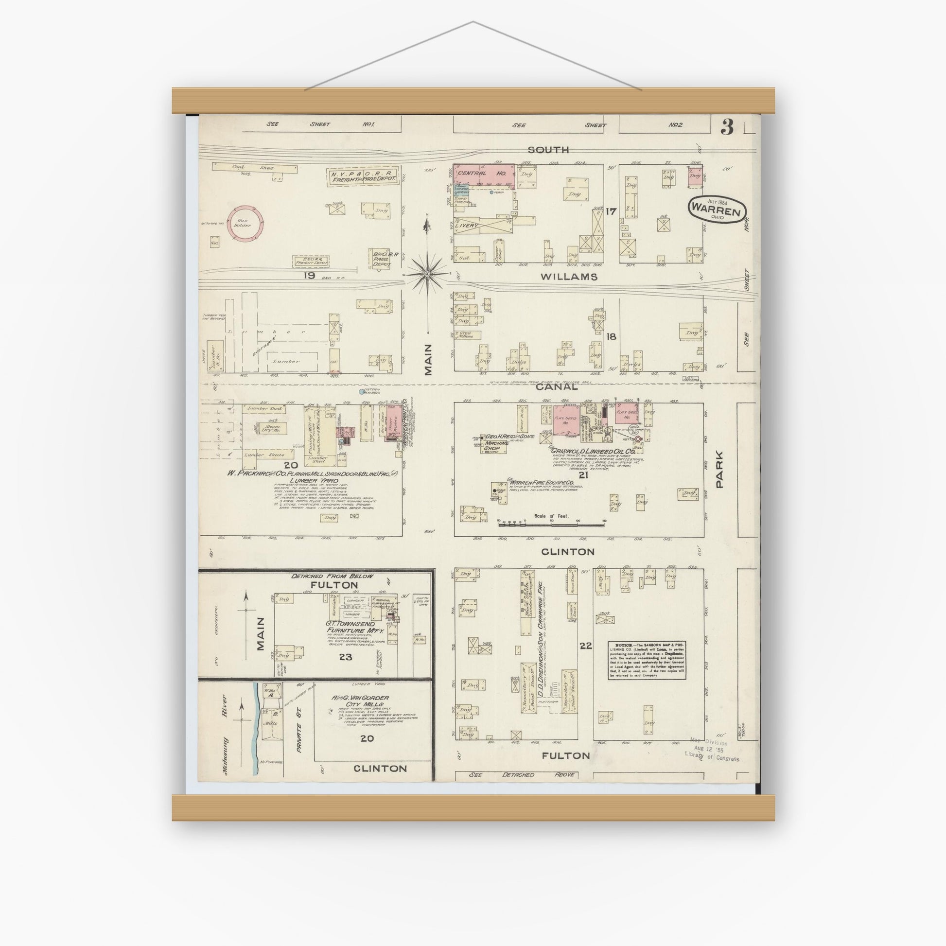 Old map wall art mockup — magnetic wood frame on white wall — Sanborn Fire Insurance Map from Warren, Trumbull County, Ohio (1884), Sheet #0003