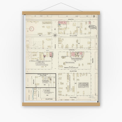 Old map wall art mockup — magnetic wood frame on white wall — Sanborn Fire Insurance Map from Warren, Trumbull County, Ohio (1884), Sheet #0003