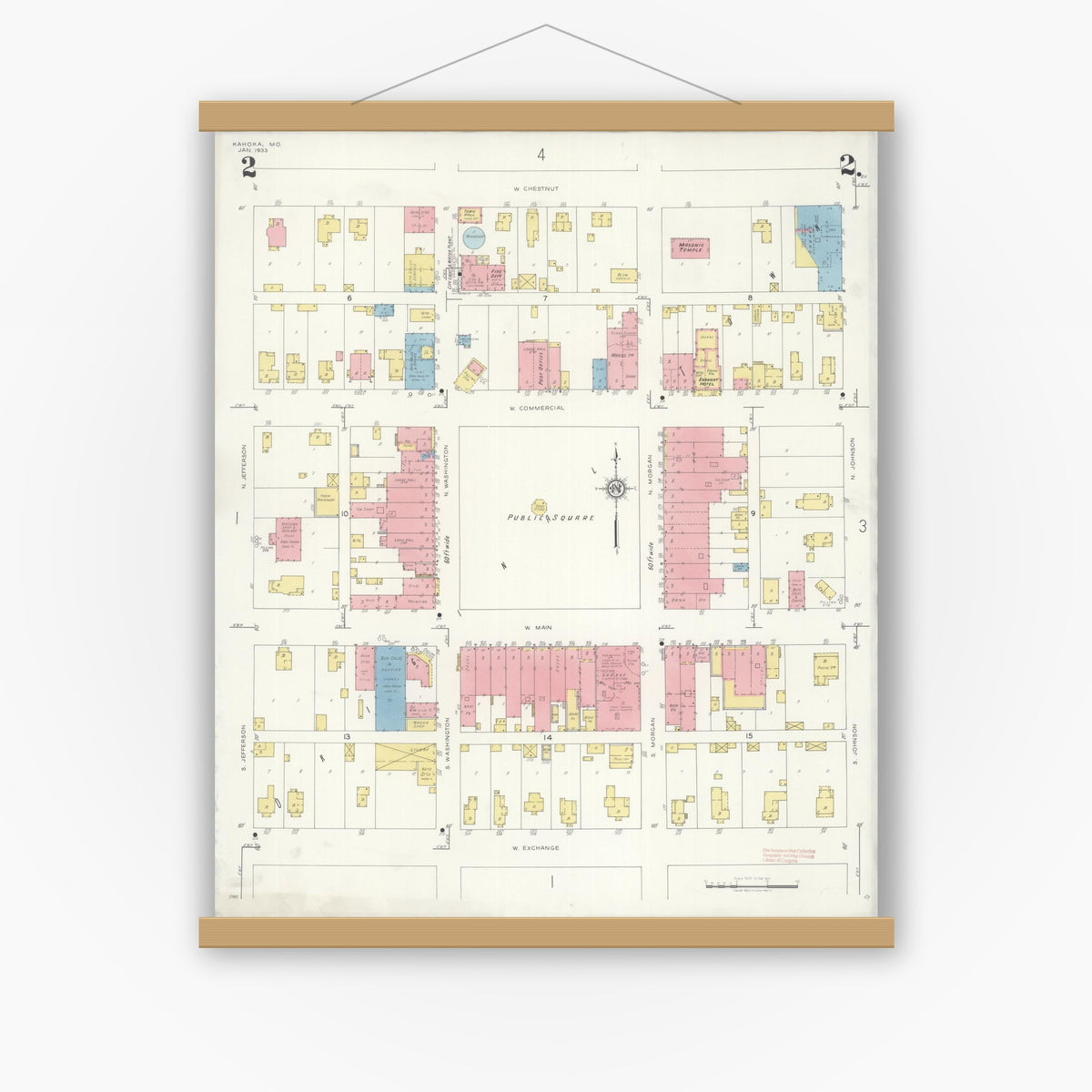 Old map wall art mockup — magnetic wood frame on white wall — Sanborn Fire Insurance Map from Kahoka, Clark County, Missouri (1933), Sheet #0002