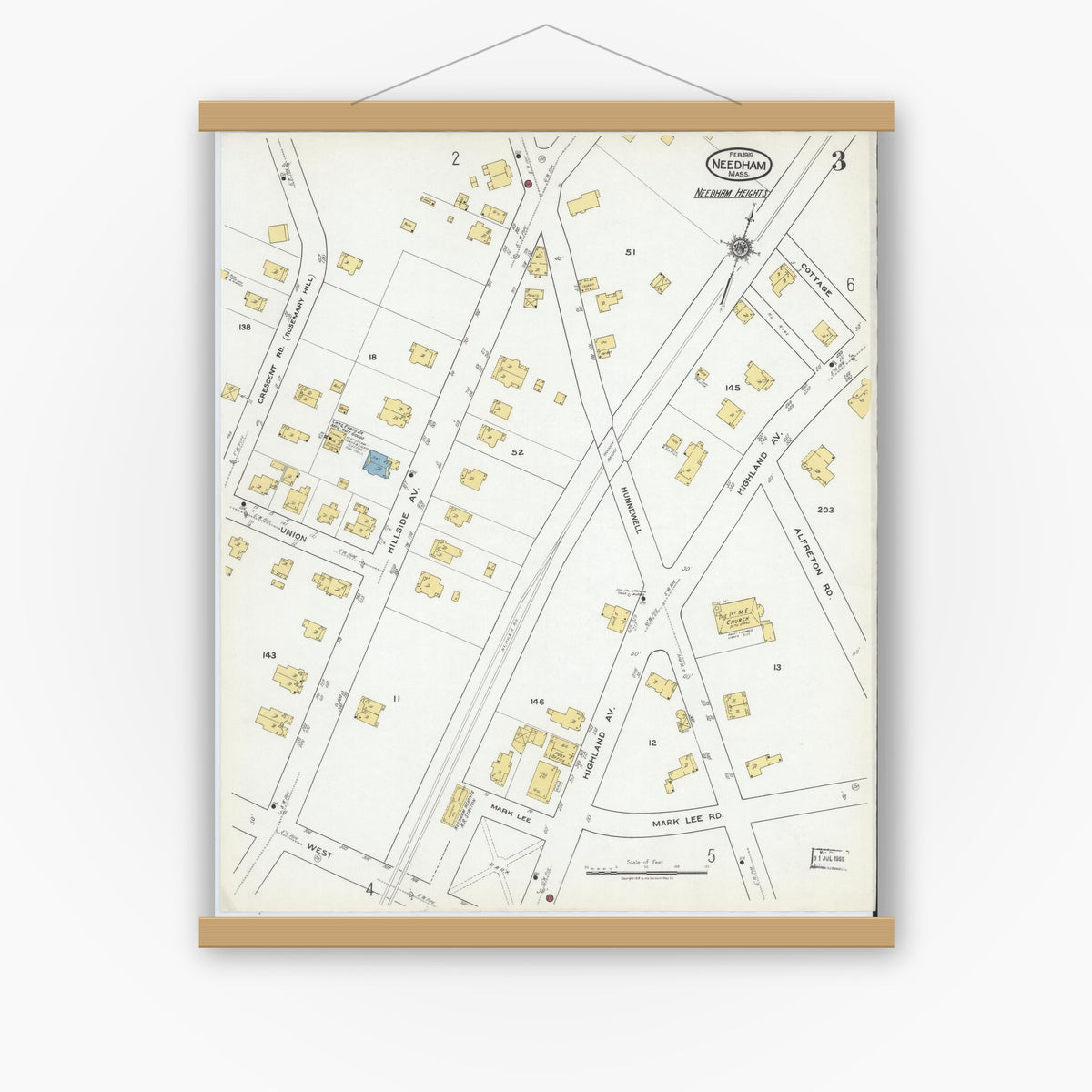 Old map wall art mockup — magnetic wood frame on white wall — Sanborn Fire Insurance Map from Needham, Norfolk County, Massachusetts (1919), Sheet #0003