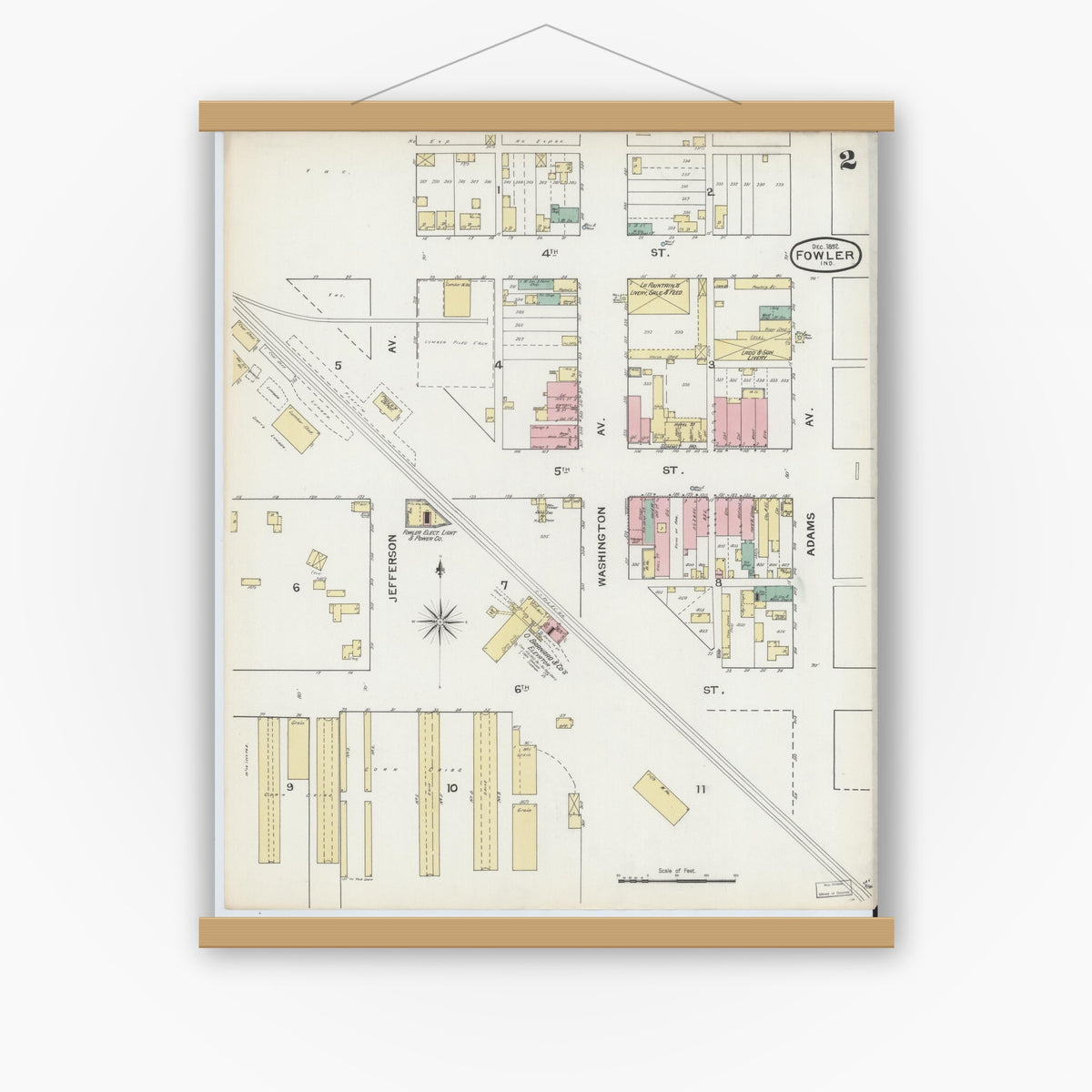 Old map wall art mockup — magnetic wood frame on white wall — Sanborn Fire Insurance Map from Fowler, Benton County, Indiana (1892), Sheet #0002