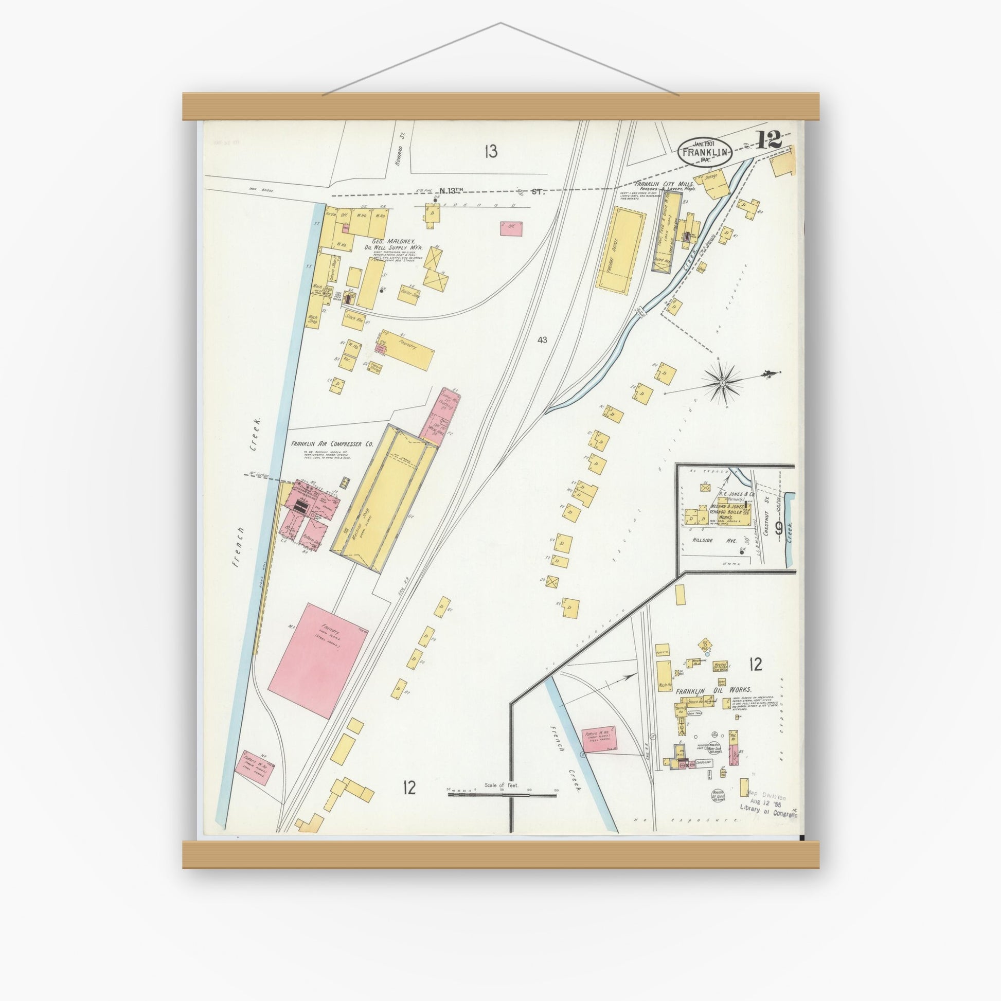 Old map wall art mockup — magnetic wood frame on white wall — Sanborn Fire Insurance Map from Franklin, Venango County, Pennsylvania (1901), Sheet #0012