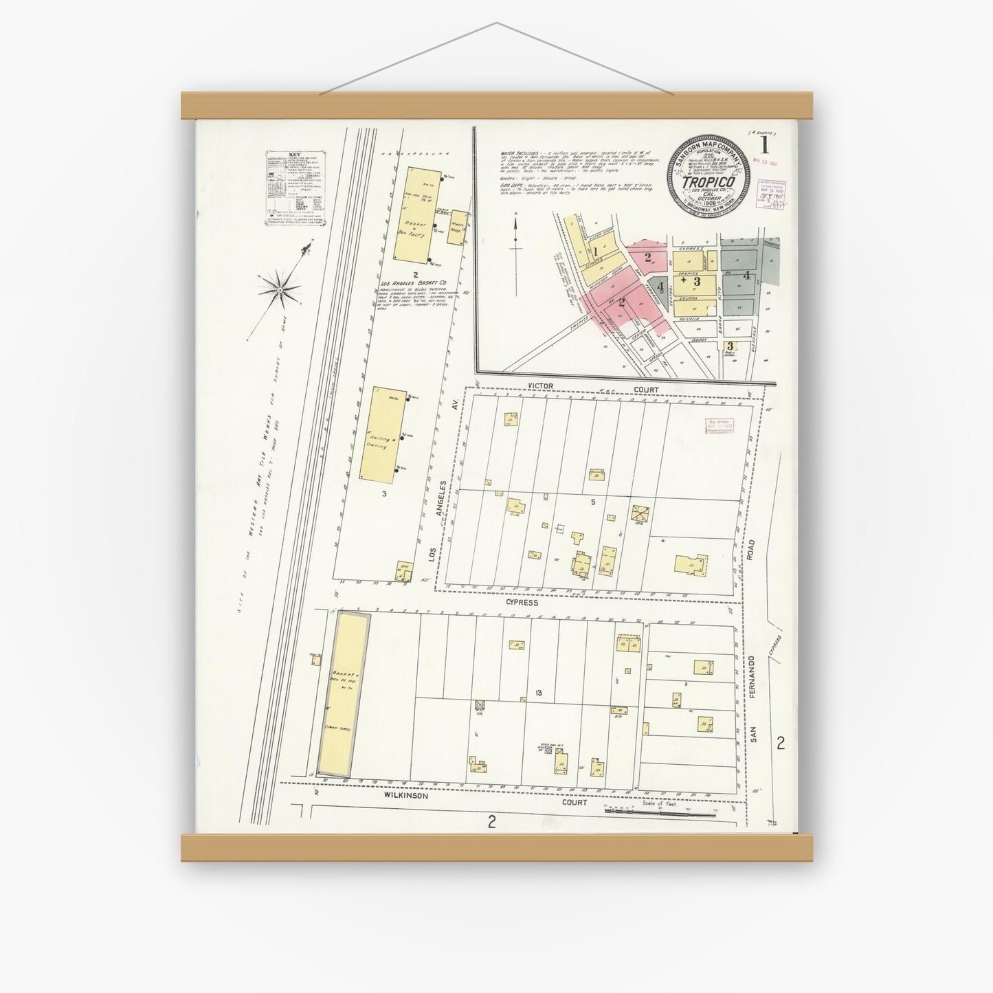 Old map wall art mockup — magnetic wood frame on white wall — Sanborn Fire Insurance Map from Tropico, Los Angeles County, California (1908) - Complete Map Set