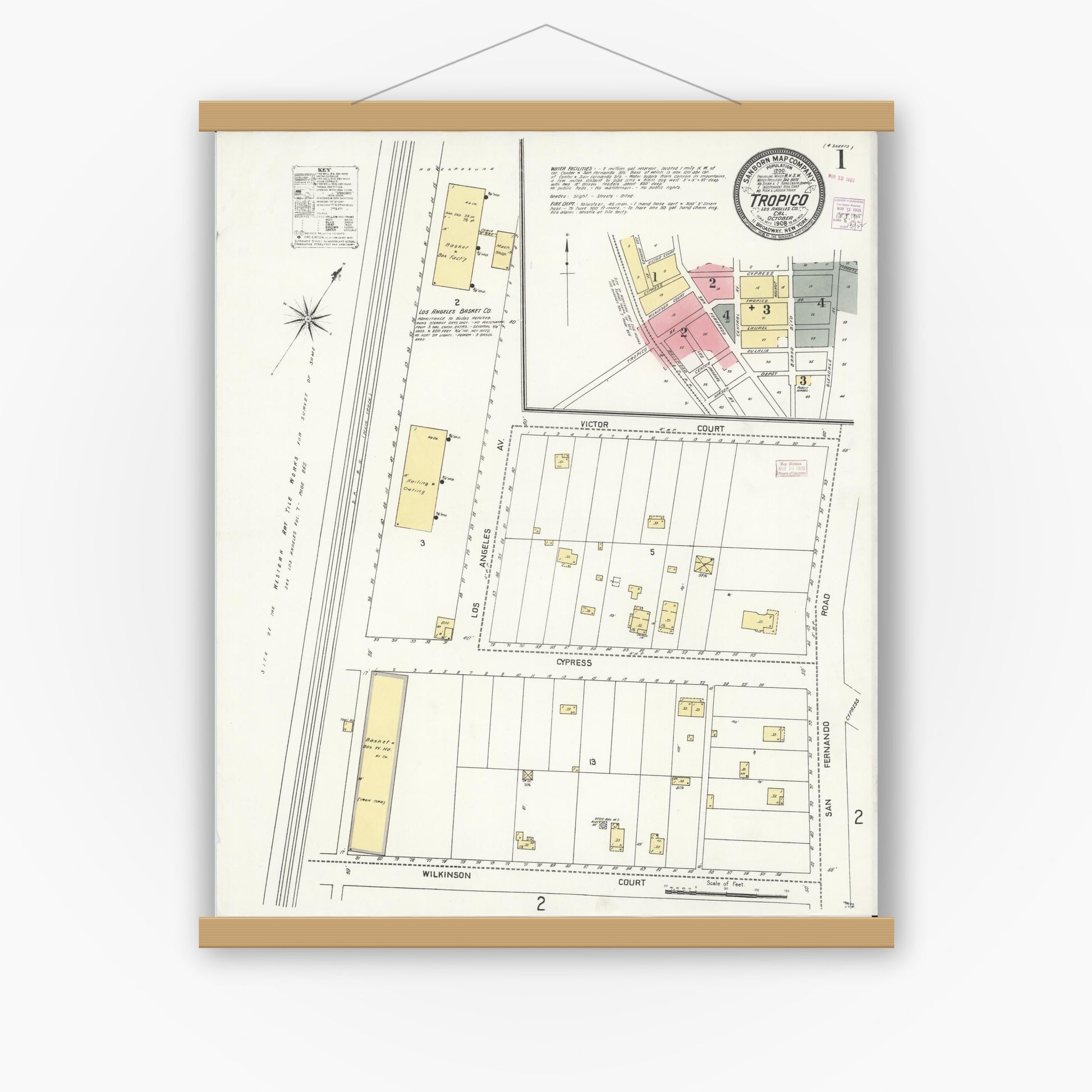 Old map wall art mockup — magnetic wood frame on white wall — Sanborn Fire Insurance Map from Tropico, Los Angeles County, California (1908) - Complete Map Set