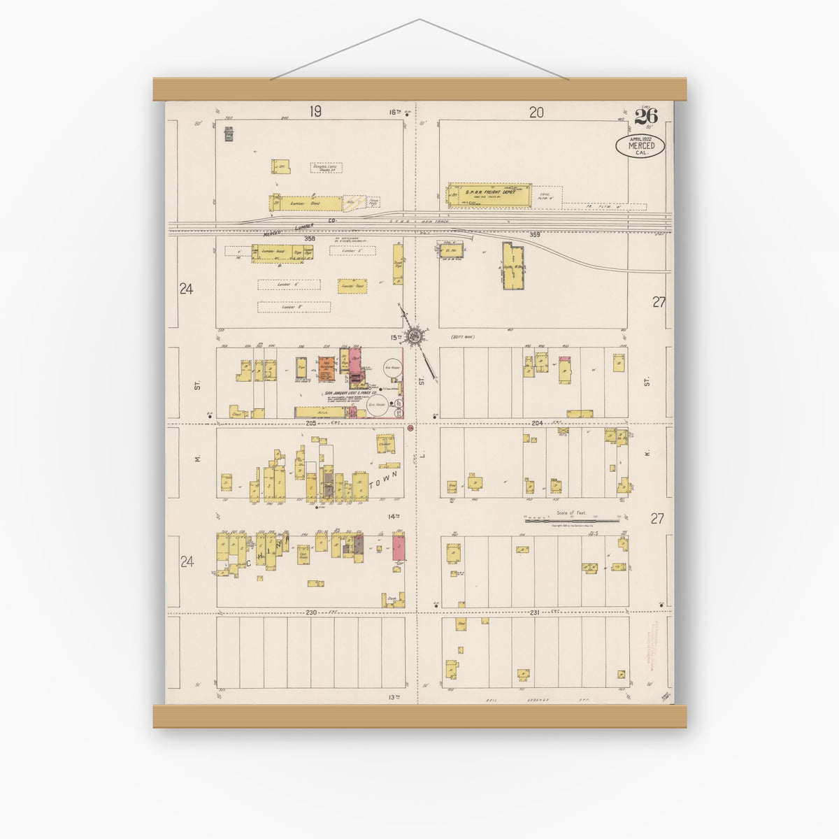 Old map wall art mockup — magnetic wood frame on white wall — Sanborn Fire Insurance Map from Merced, Merced County, California (1922), Sheet #0026