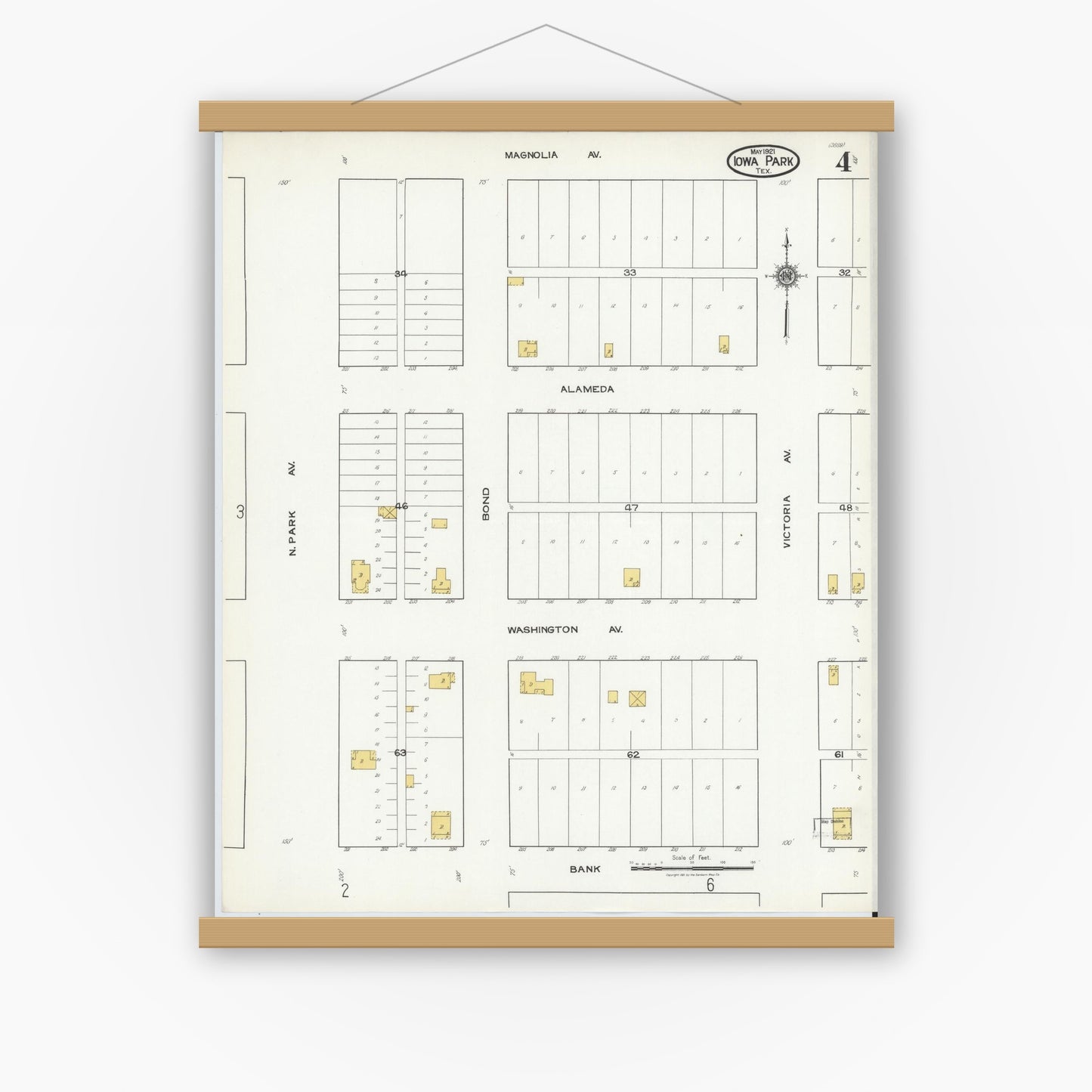Old map wall art mockup — magnetic wood frame on white wall — Sanborn Fire Insurance Map from Iowa Park, Wichita County, Texas (1921), Sheet #0004