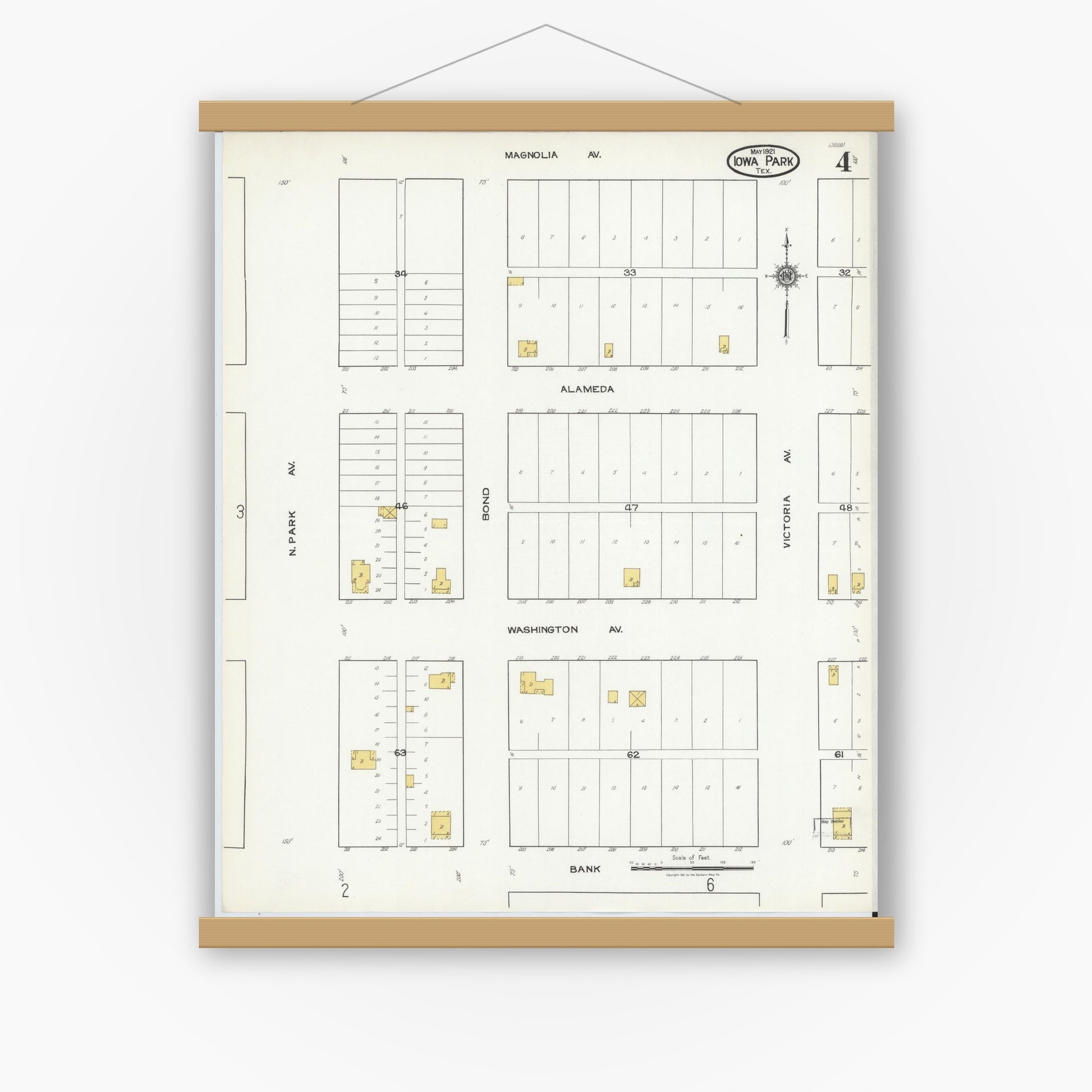 Old map wall art mockup — magnetic wood frame on white wall — Sanborn Fire Insurance Map from Iowa Park, Wichita County, Texas (1921), Sheet #0004