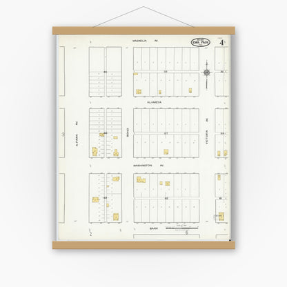 Old map wall art mockup — magnetic wood frame on white wall — Sanborn Fire Insurance Map from Iowa Park, Wichita County, Texas (1921), Sheet #0004
