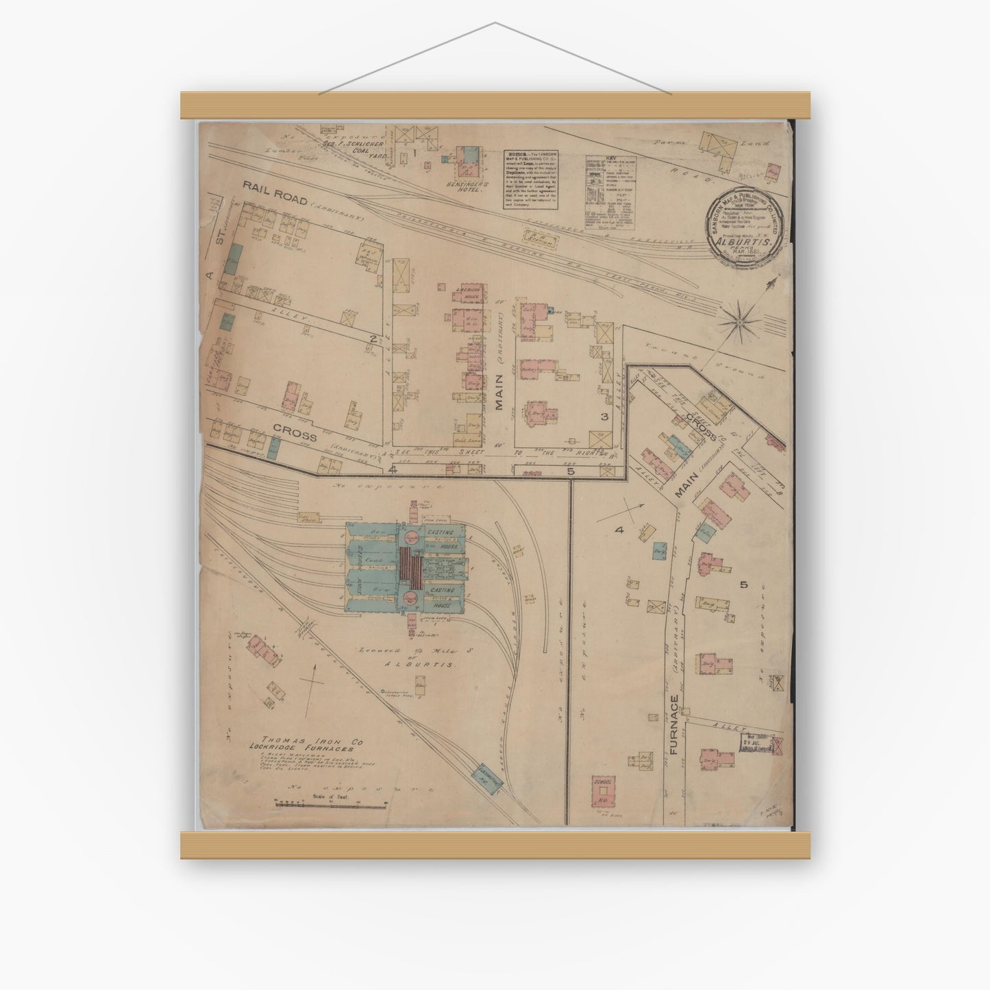 Old map wall art mockup — magnetic wood frame on white wall — Sanborn Fire Insurance Map from Alburtis, Lehigh County, Pennsylvania (1885), Sheet #0001