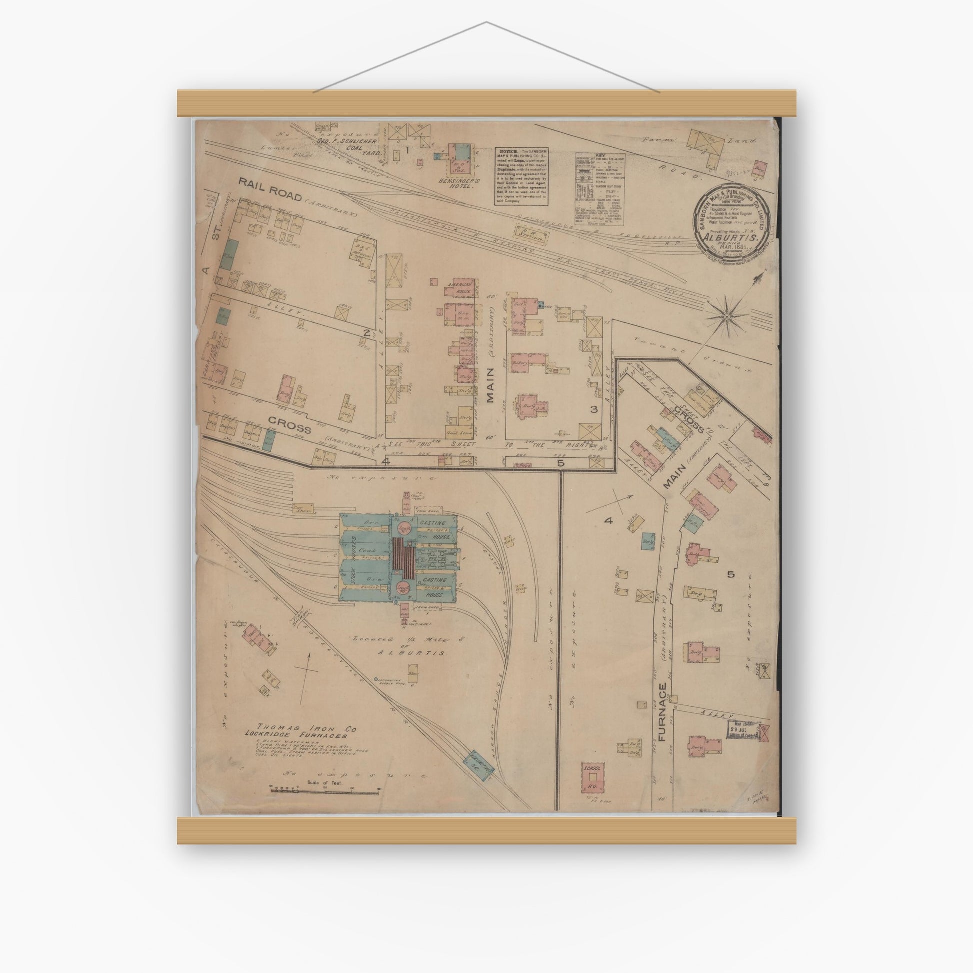 Old map wall art mockup — magnetic wood frame on white wall — Sanborn Fire Insurance Map from Alburtis, Lehigh County, Pennsylvania (1885), Sheet #0001