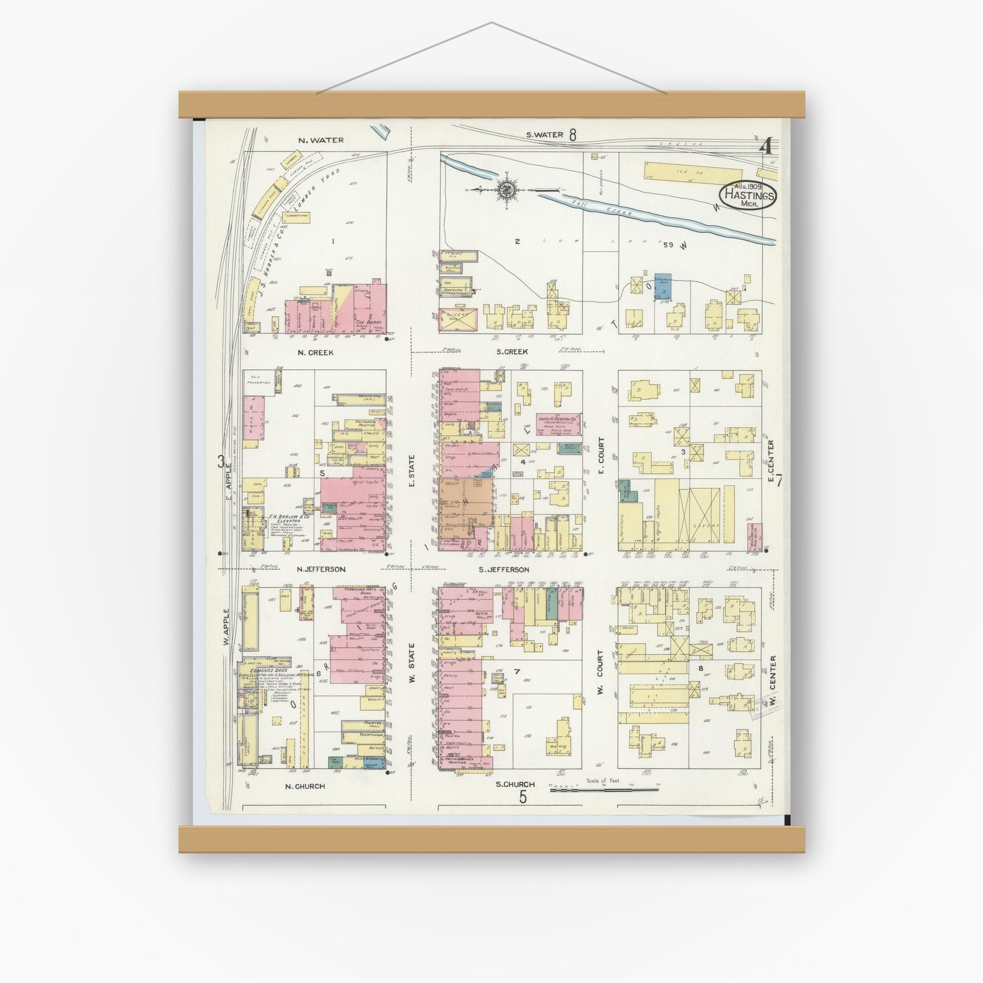 Old map wall art mockup — magnetic wood frame on white wall — Sanborn Fire Insurance Map from Hastings, Barry County, Michigan (1909), Sheet #0004