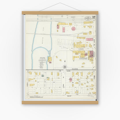 Old map wall art mockup — magnetic wood frame on white wall — Sanborn Fire Insurance Map from Warren, Trumbull County, Ohio (1902), Sheet #0017