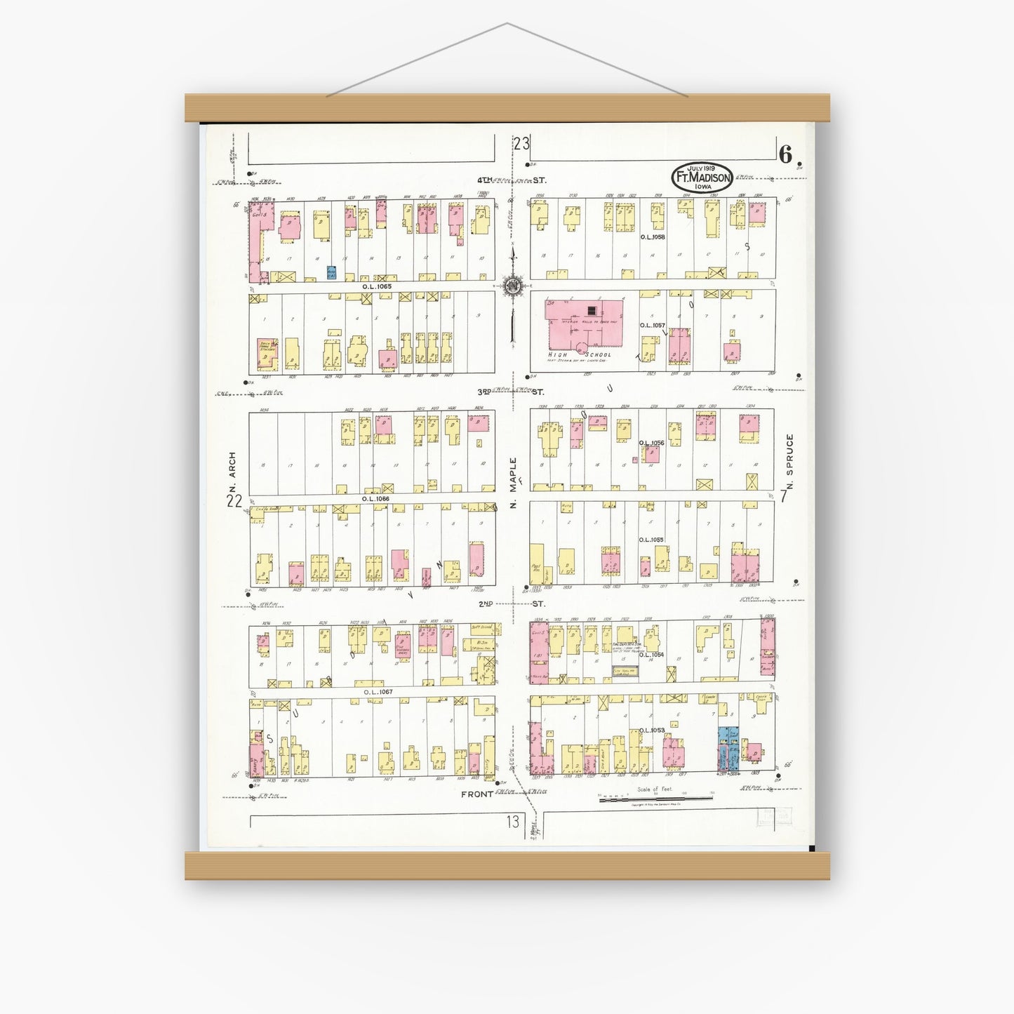Old map wall art mockup — magnetic wood frame on white wall — Sanborn Fire Insurance Map from Fort Madison, Lee County, Iowa (1919), Sheet #0006