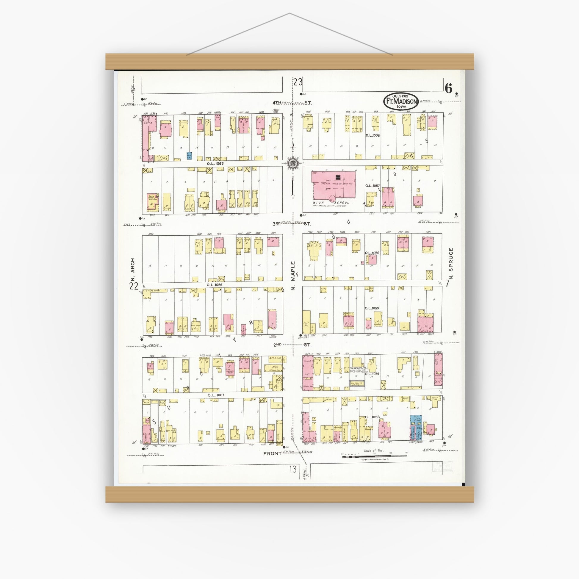Old map wall art mockup — magnetic wood frame on white wall — Sanborn Fire Insurance Map from Fort Madison, Lee County, Iowa (1919), Sheet #0006