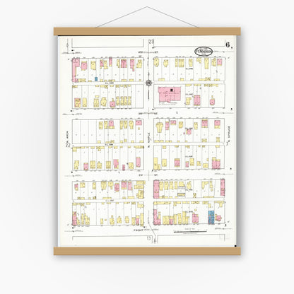 Old map wall art mockup — magnetic wood frame on white wall — Sanborn Fire Insurance Map from Fort Madison, Lee County, Iowa (1919), Sheet #0006