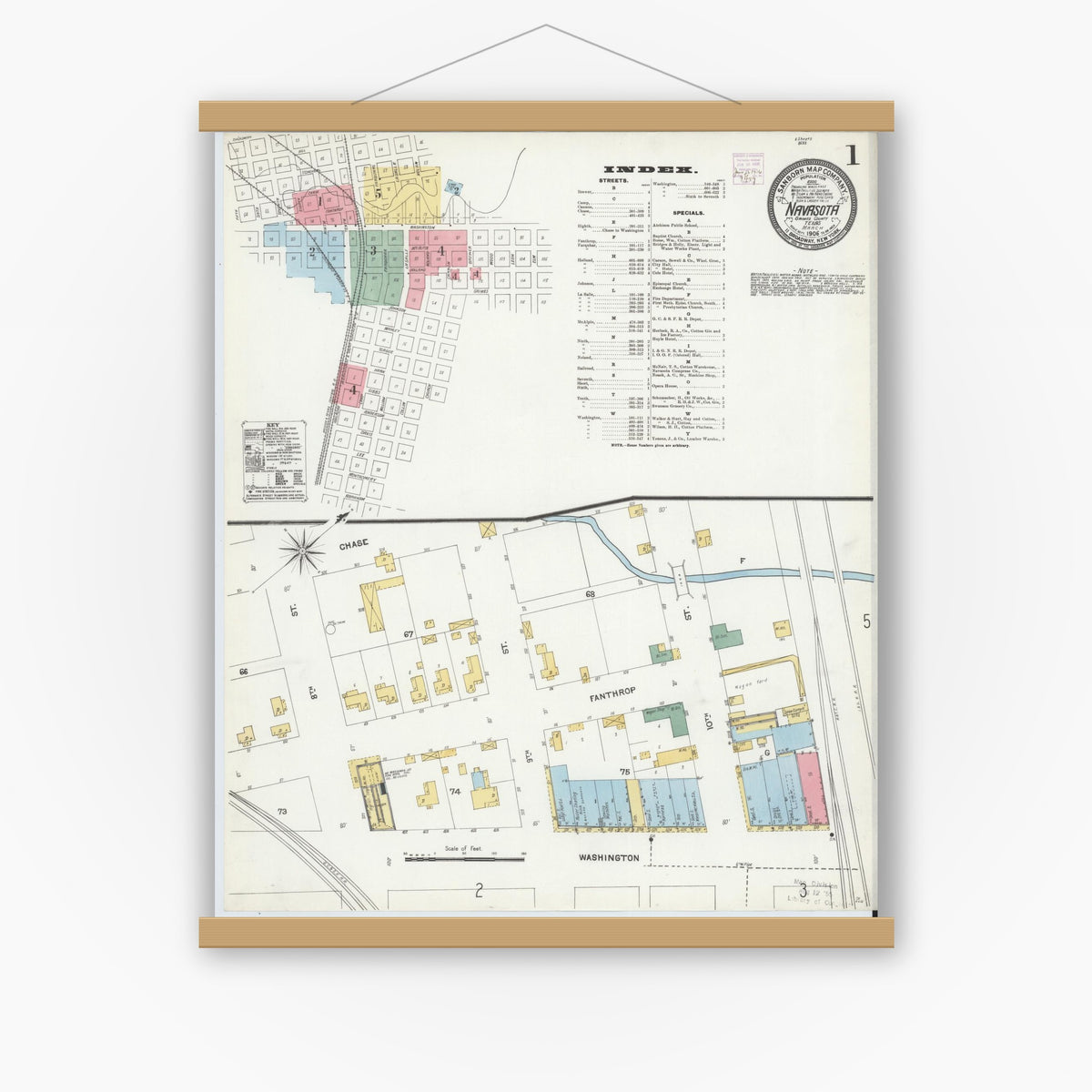 Old map wall art mockup — magnetic wood frame on white wall — Sanborn Fire Insurance Map from Navasota, Grimes County, Texas (1906) - Complete Map Set