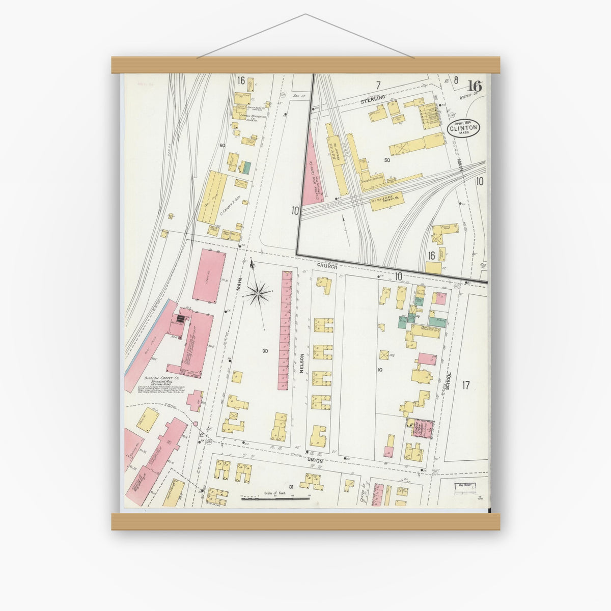 Old map wall art mockup — magnetic wood frame on white wall — Sanborn Fire Insurance Map from Clinton, Worcester County, Massachusetts (1904), Sheet #0016