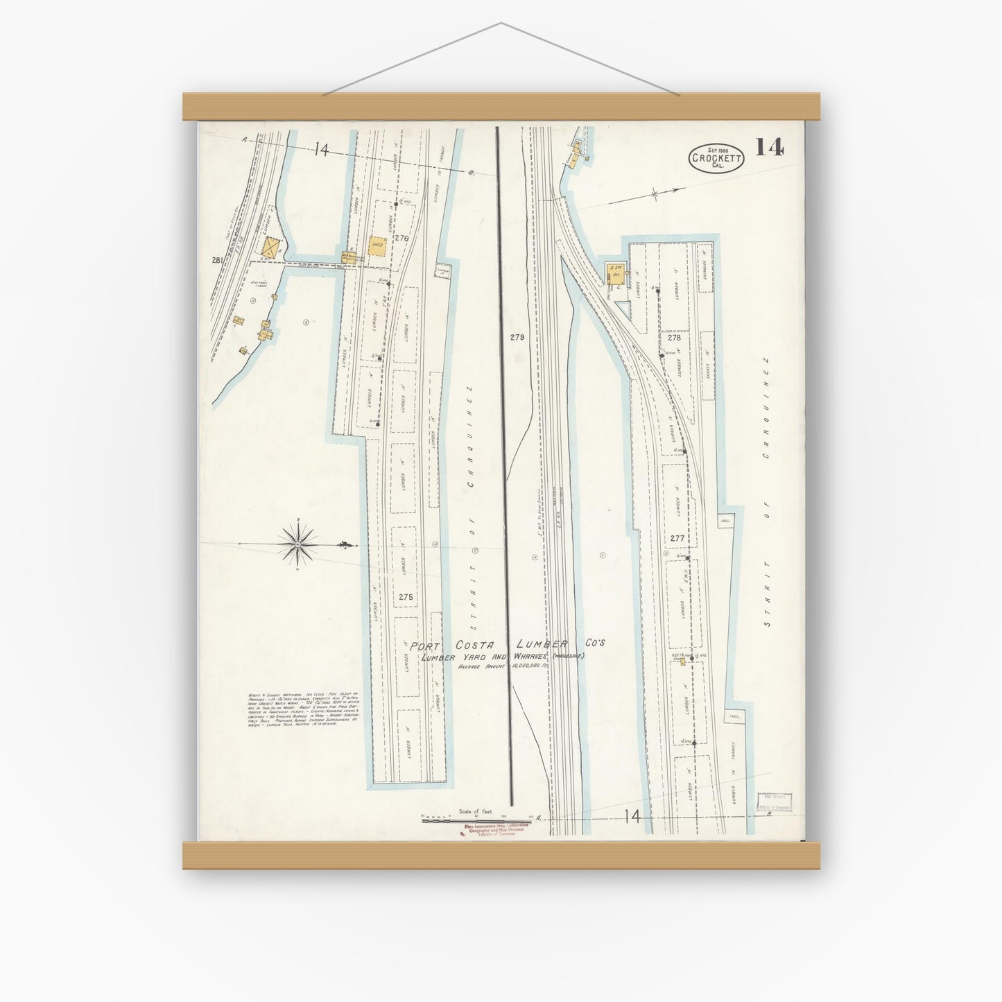 Old map wall art mockup — magnetic wood frame on white wall — Sanborn Fire Insurance Map from Crockett, Contra Costa County, California (1906), Sheet #0014
