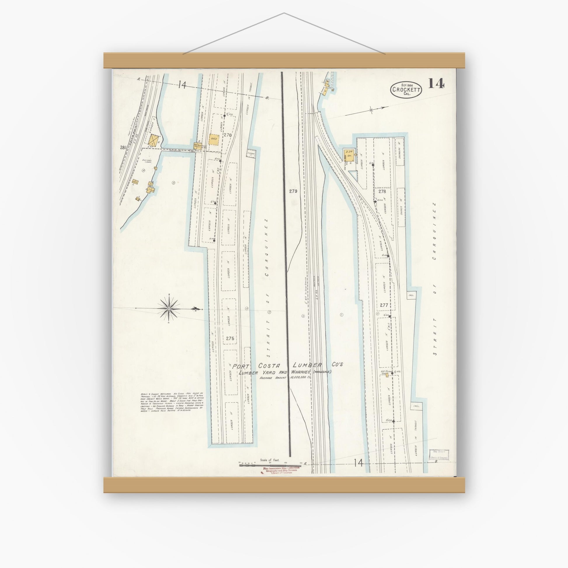 Old map wall art mockup — magnetic wood frame on white wall — Sanborn Fire Insurance Map from Crockett, Contra Costa County, California (1906), Sheet #0014