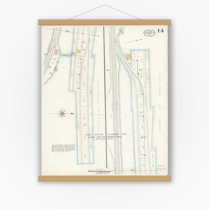 Old map wall art mockup — magnetic wood frame on white wall — Sanborn Fire Insurance Map from Crockett, Contra Costa County, California (1906), Sheet #0014